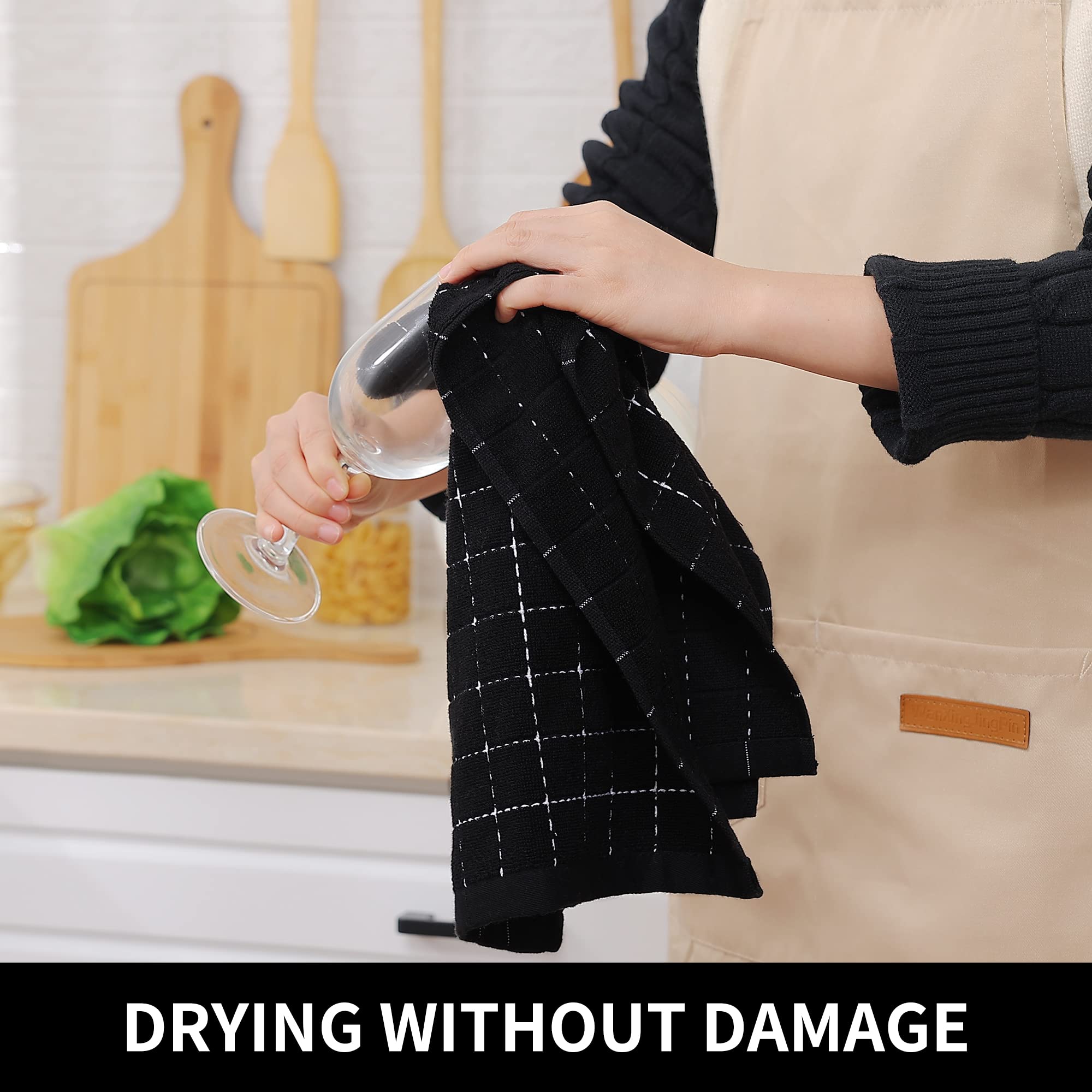 Homaxy 100% Cotton Terry Kitchen Towels(Black, 13 X 28 Inches), Checkered Designed, Soft And Super Absorbent Dish Towels, 4 Pack