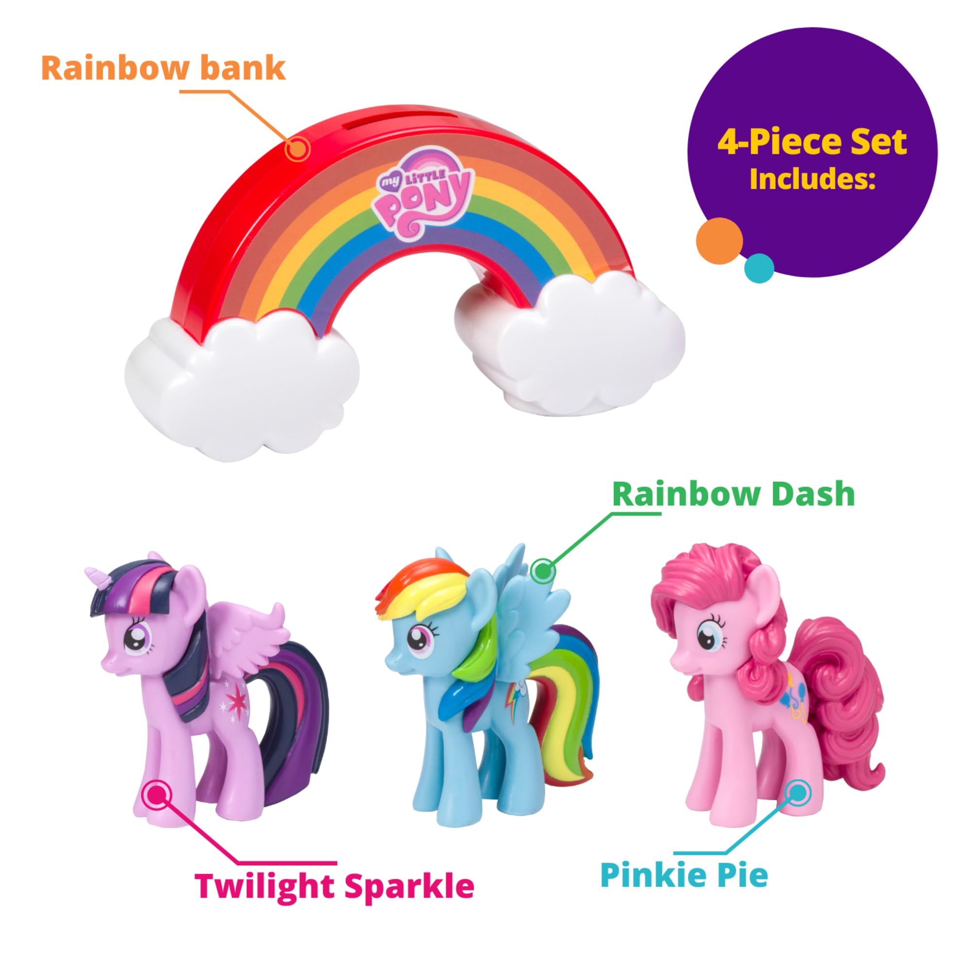 DecoSet My Little Pony Over The Rainbow Signature Cake Topper  4 Piece Decoration  Rainbow Dash  Pinkie Pie  and Twilight Sparkle  A Rainbow Coin Bank  Collectable Figurines For Birthday