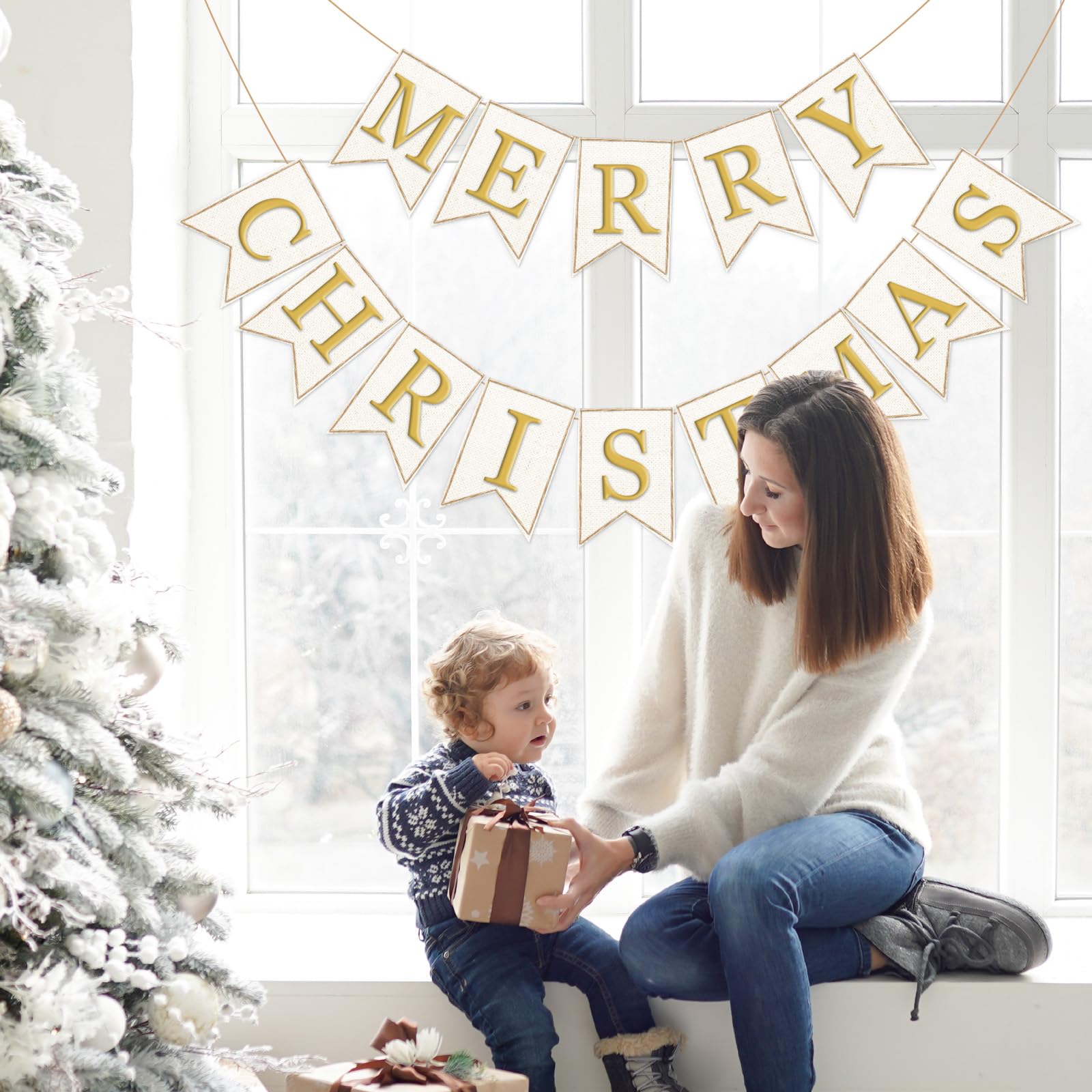 Whaline 2Pcs Christmas Burlap Banner Felt Merry Christmas Banner Gold White Pre-Assembled Xmas Bunting Garland For Home Party Ha