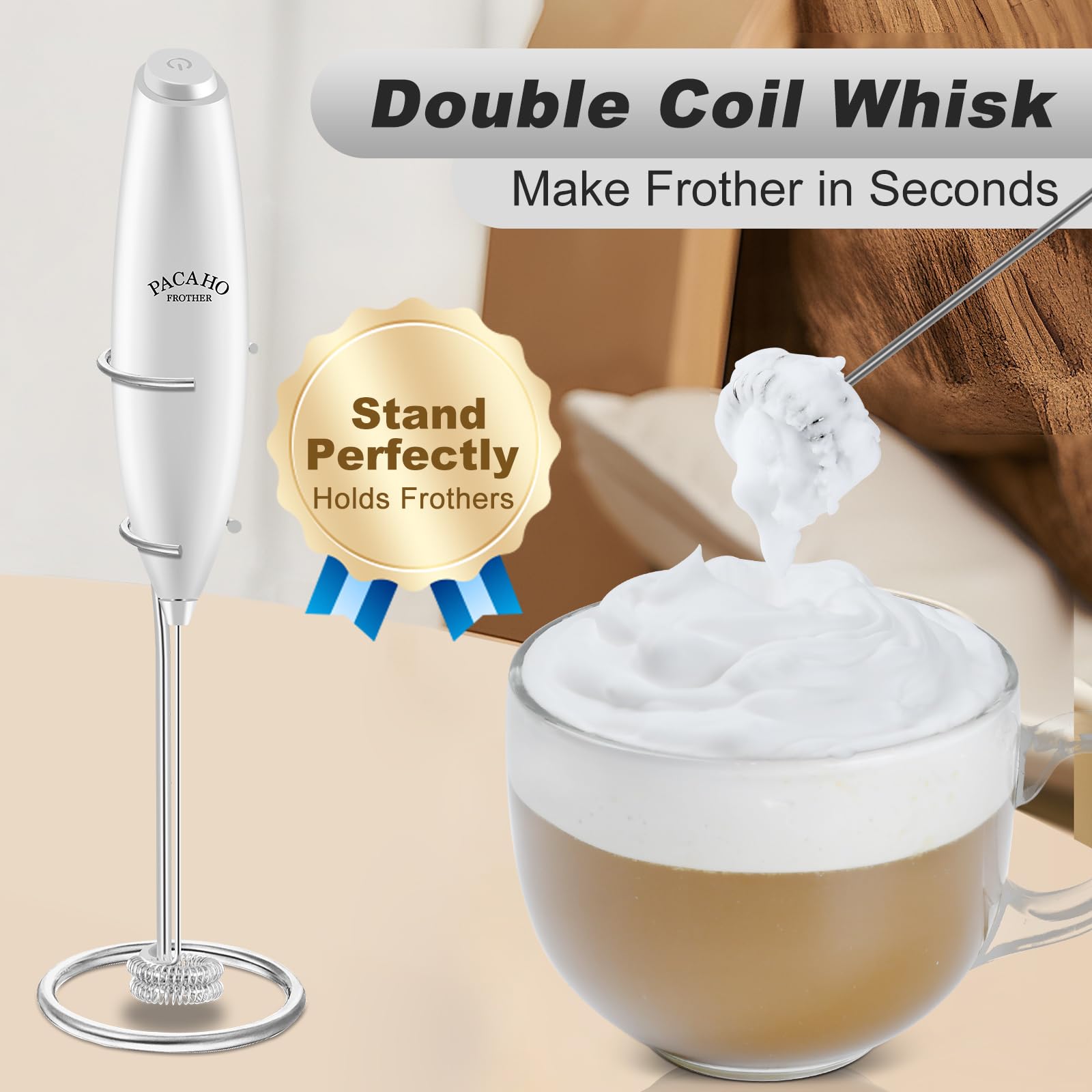 Pacaho Powerful Milk Frother With Stand With Double Whisk, Handheld Electric Foam Maker, Hand Mixer Wand, Portable Mini Blender