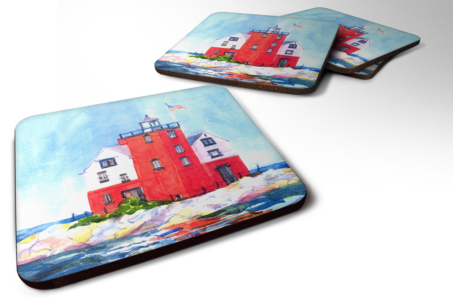 Carolines Treasures Lighthouse on the Rocks Harbour Foam Coasters (Set of 4), 3.5 H x 3.5 W, Multicolor