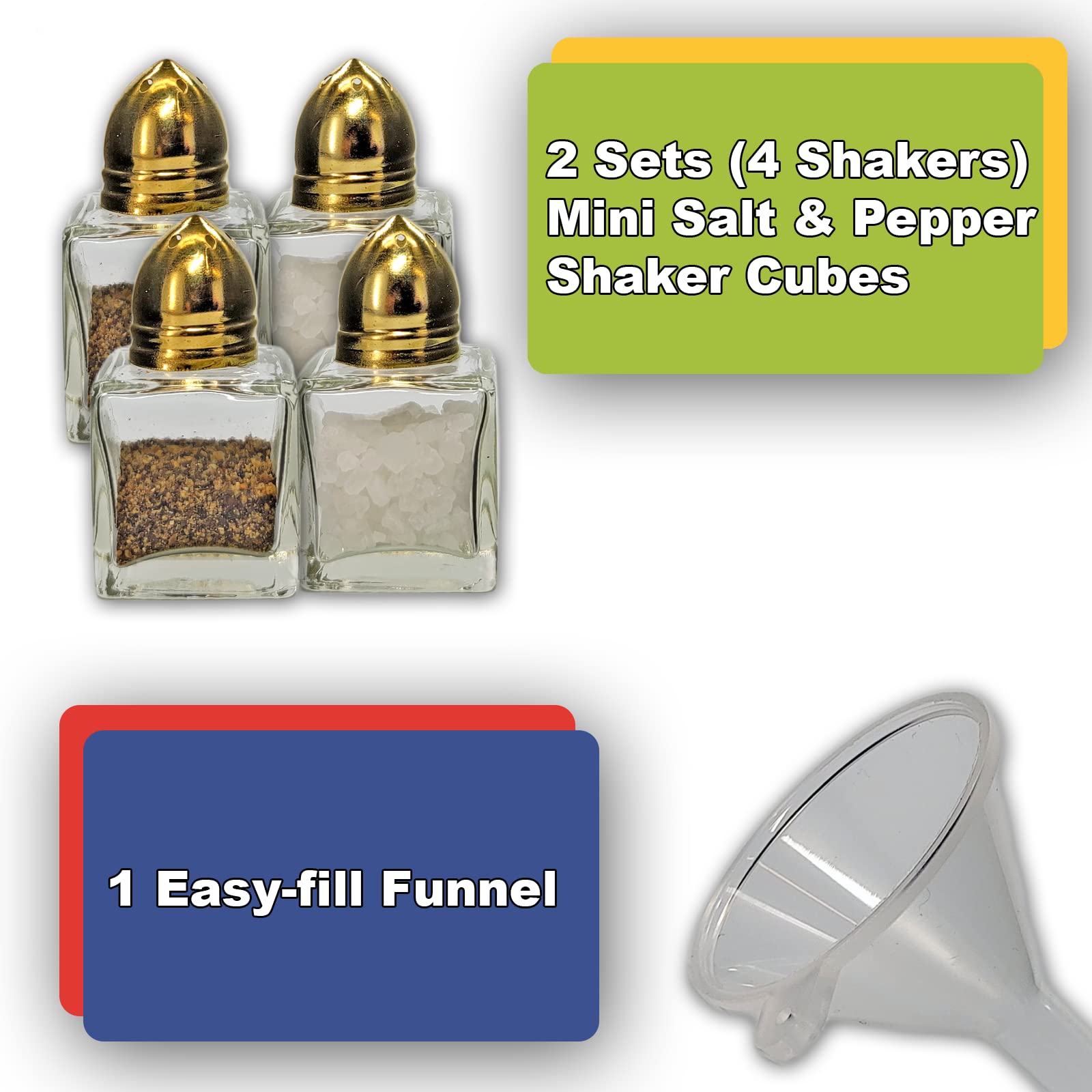 Pack Of 4 Clear Glass Mini Cube Salt & Pepper Shakers With Gold-Tone Tops And Bonus Easy Fill Funnel (Gold) By Netsellsit