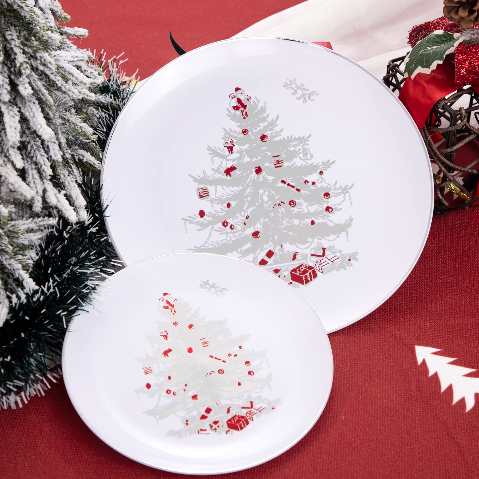 Rubtlamp 60PCS Christmas Plastic Plates, Disposable Party Plates, White Plastic Plates with Silver Christmas Tree Include 30Whit