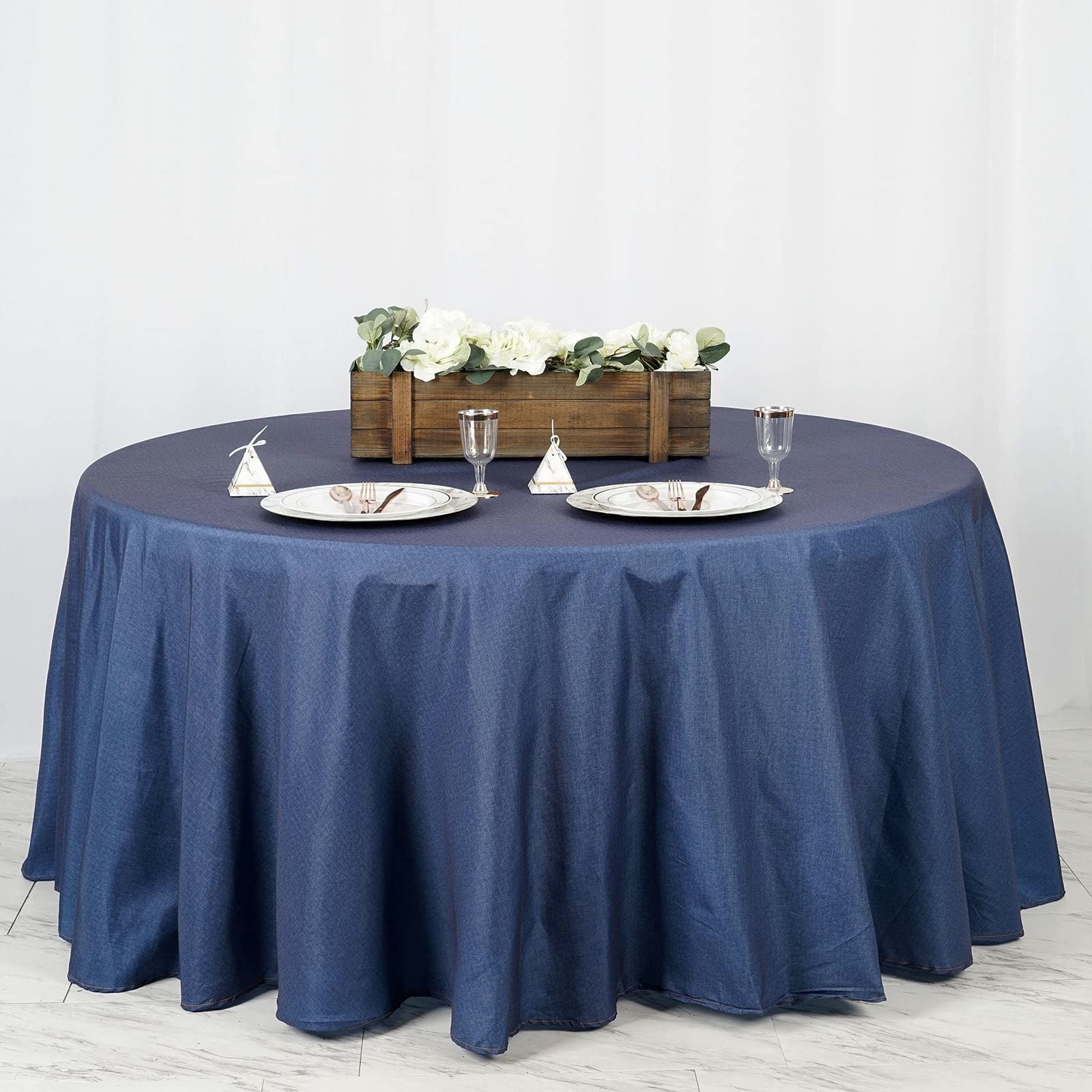 Efavormart 120'' Dark Blue Faux Denim Polyester Round Tablecloth For Wedding Party Banquet Restaurant