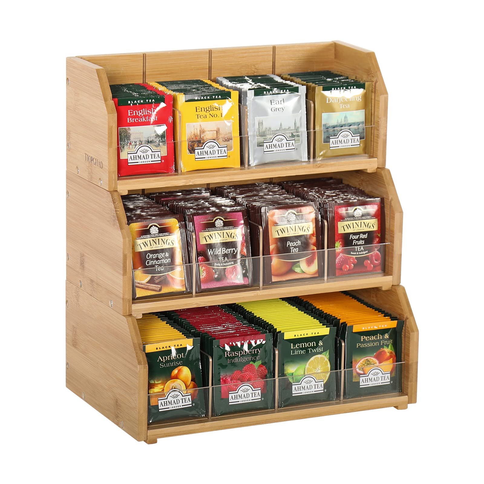 2 Tier Bamboo Tea Bag Organizer, Tea Holder For Tea Bags Organizer Wood Tea Bags Storage Box With Divider Stackable Vertical Tea