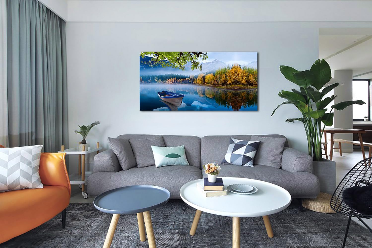 Arjun Lake Canvas Wall Art Blue Mountain Sky Nature Landscape Boat Picture Artwork Modern Scenic Painting Framed Large Size For