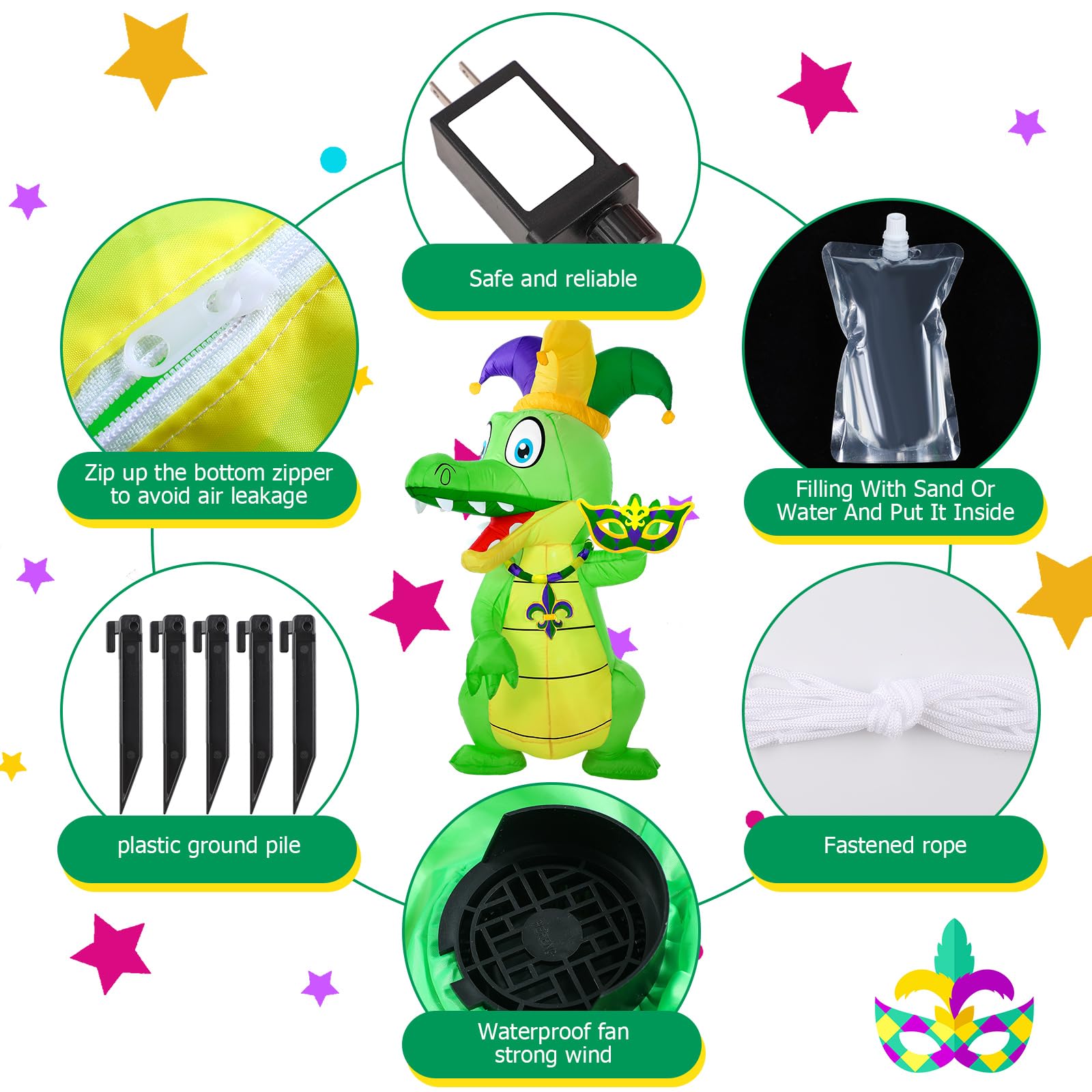 Shappy Inflatable Alligator Decoration with LED Lights - 6 ft Pink Mardi Gras Yard Decor - Model Shappy-5655665ff