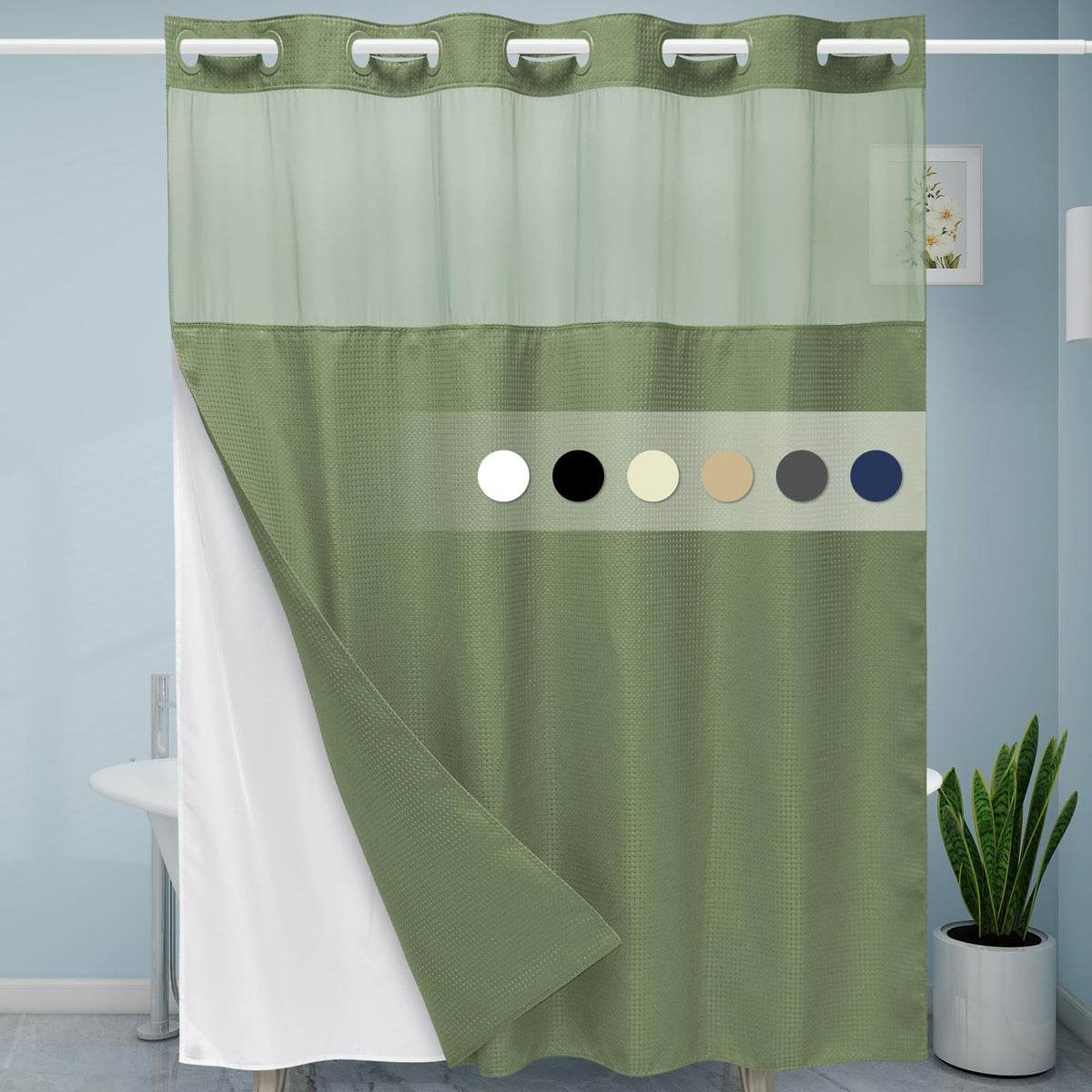 Eutxl Sage Green Hotel Shower Curtain - 230Gsm Waffle Textured Heavy Duty Thick Fabric Shower Curtains For Bathroom,71W X 74H