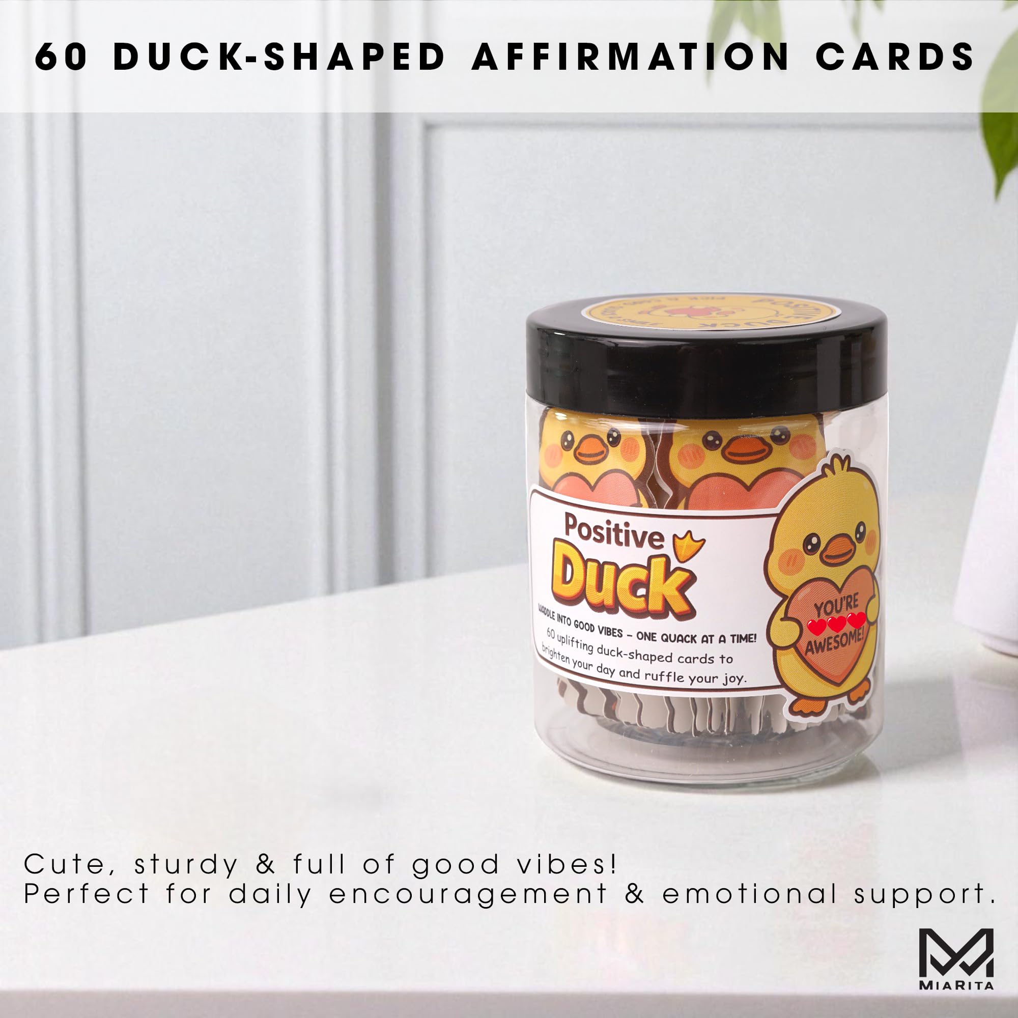 Miarita Positive Duck Jar - 60 Funny Emotional Uplifting Support Affirmation Cards, White Elephant Gift For Women Men, Stress Re