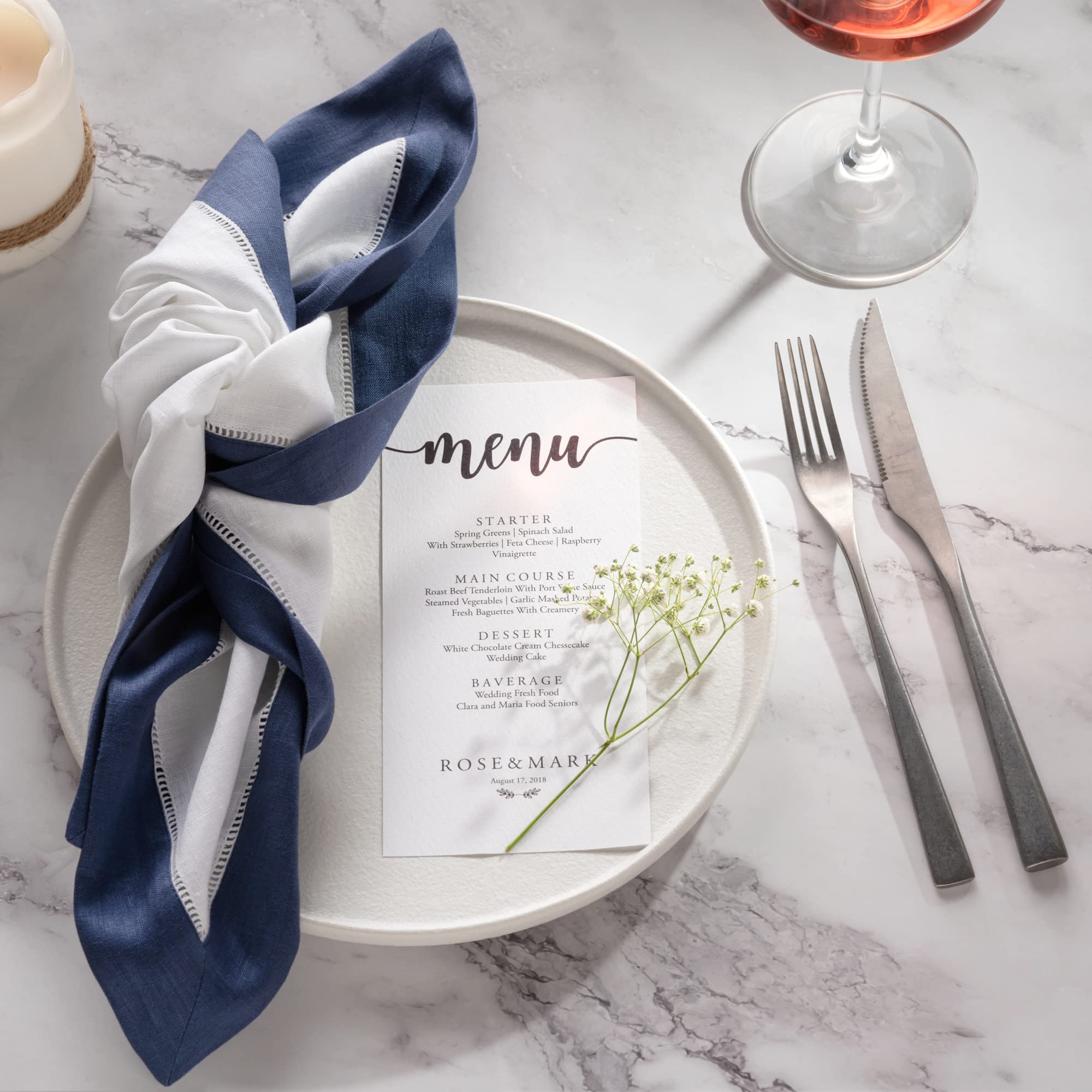 O'lucio Authentique Home Linen Napkins Set of 4 - 20" x 20" White and Navy Blue Hemstitch Washable Cloth for Spring Decor