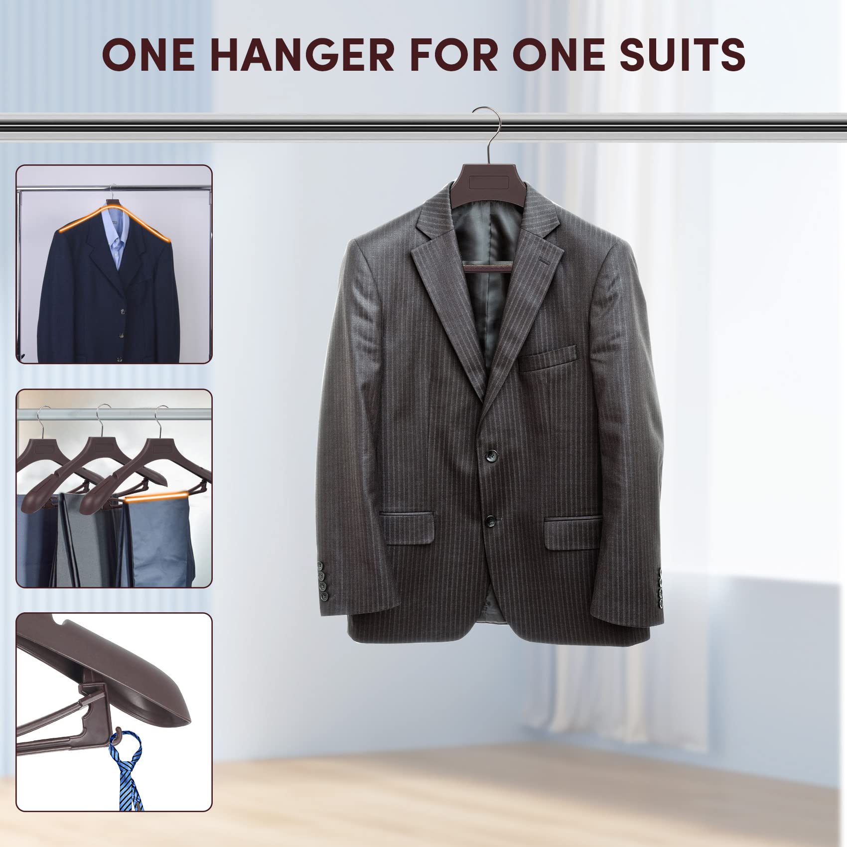 Suit Hangers For Men 50 Pack, Extra Wide Hangers Non Slip Width 17.7'', Brown Coat Hangers Thick Plastic With Pants Bar 360 Swiv