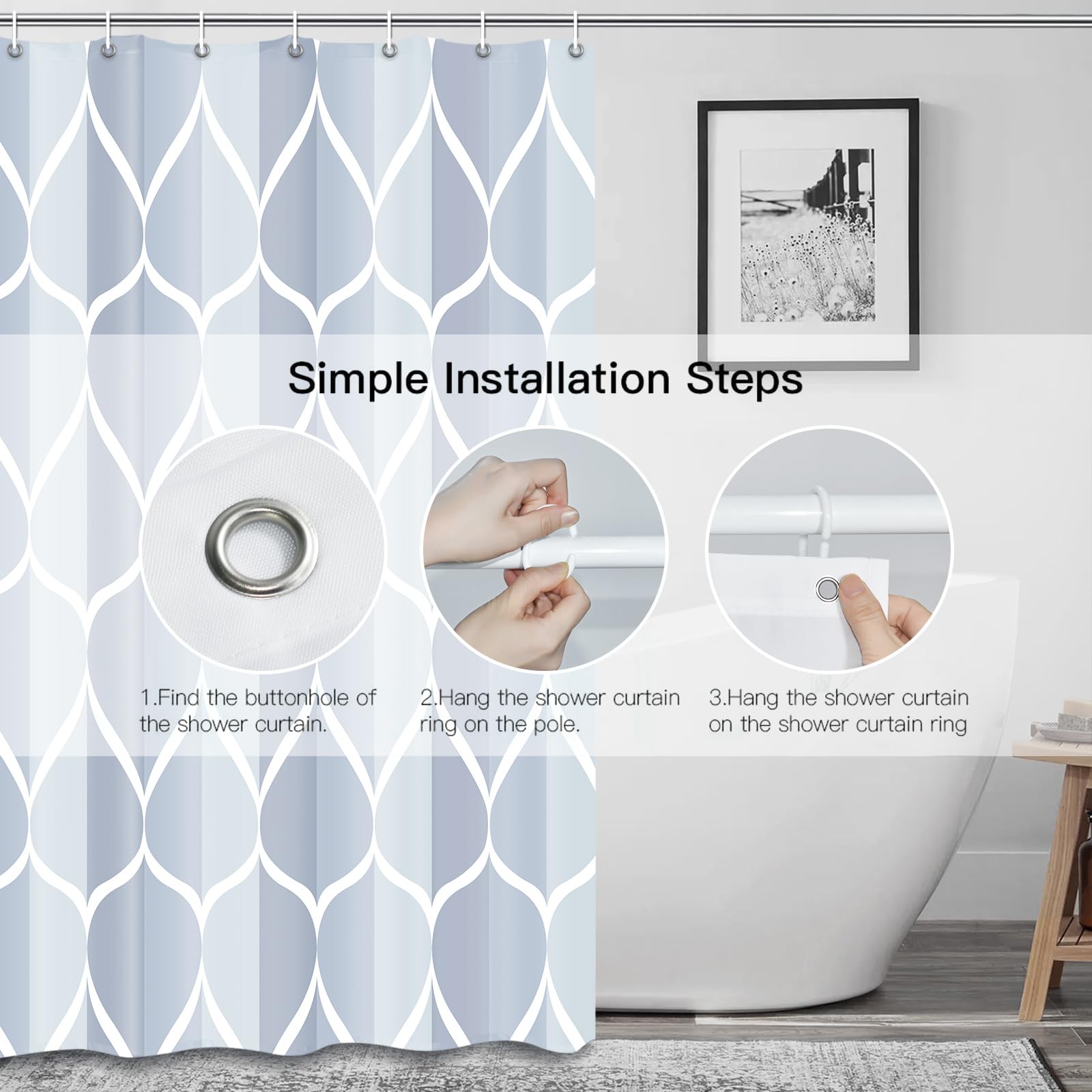 Gelbchu Light Blue Geometric Shower Curtain, Waterproof Design And Polyester, Quick-Drying, Weighted Hem, Blue Shower Curtains S