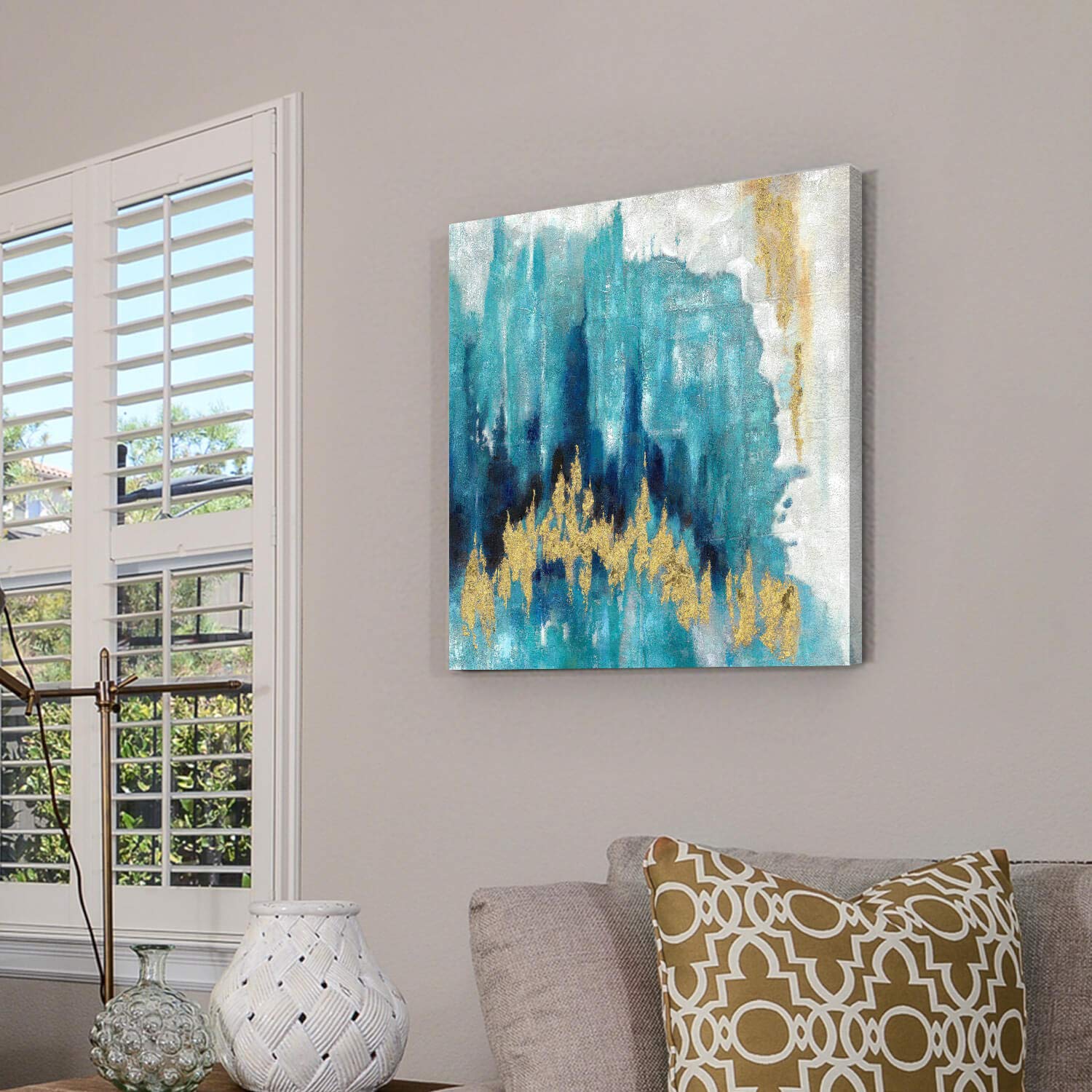 Utop-Art Abstract Picture Artwork Blue Painting: Hand Painted Gold Foils Wall Art On Canvas For Living Room (24'' X 24'' X 1 Pan