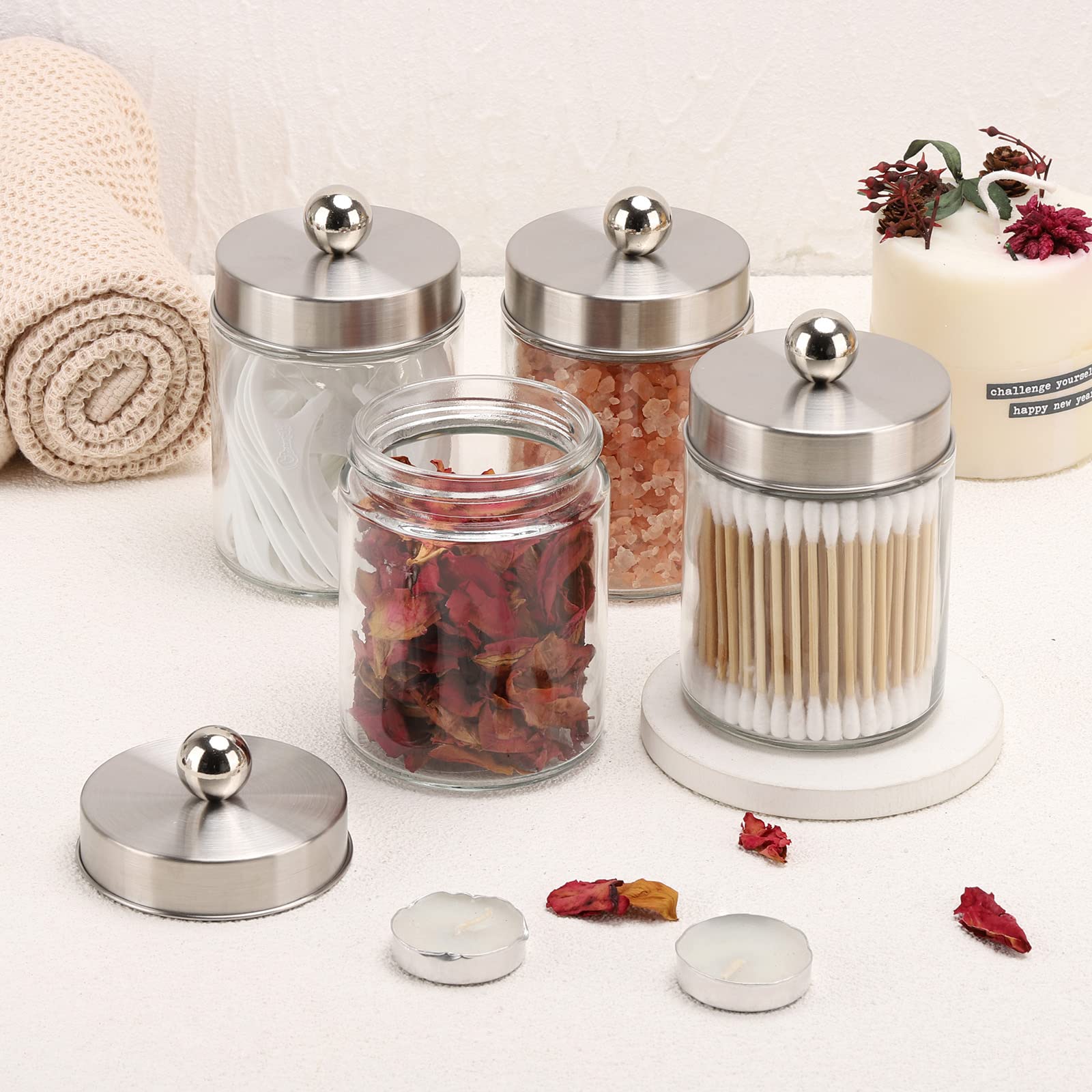 Tbestmax Glass Qtip Holder Dispenser  10-Ounce Bathroom Containers Apothecary Jars with Metal Lids for Cotton Ball Swab Pad (4 Pack)