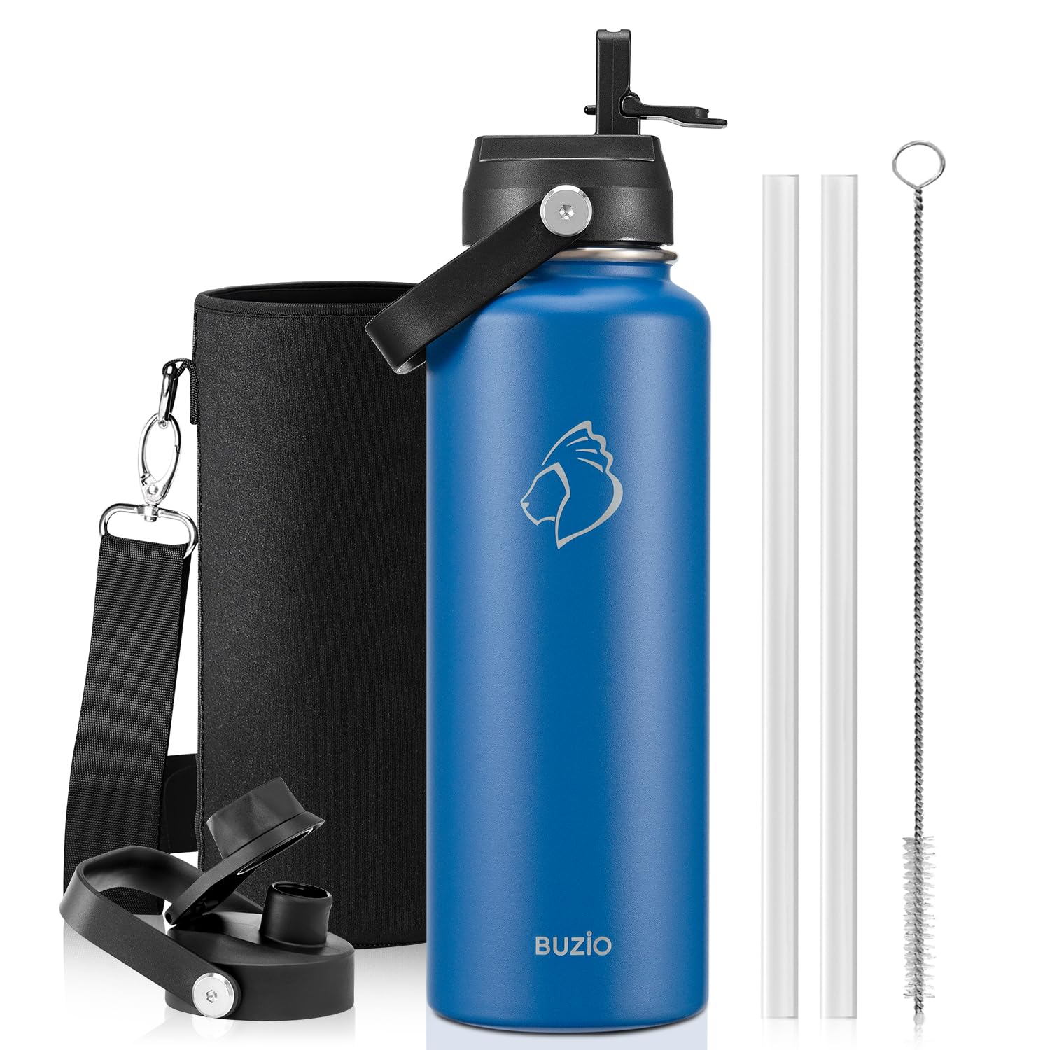 BUZIO Insulated Water Bottle with Straw Lid and Flex Cap,Stainless Steel Water Flask, Modern Double Vacuum Wide Mouth Metal Ther