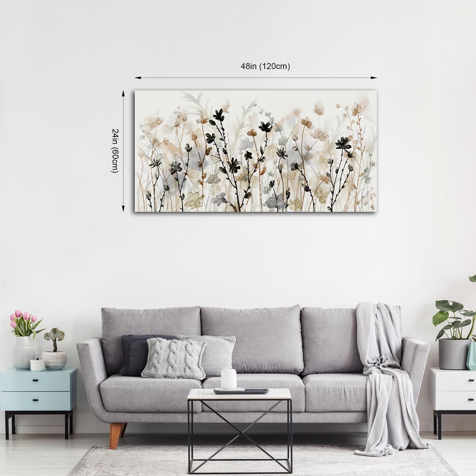 Abstract Floral Canvas Wall Art Grey Cream White Grass Flowers Canvas Pictures Modern Landscape Painting Botanic Artwork For Liv