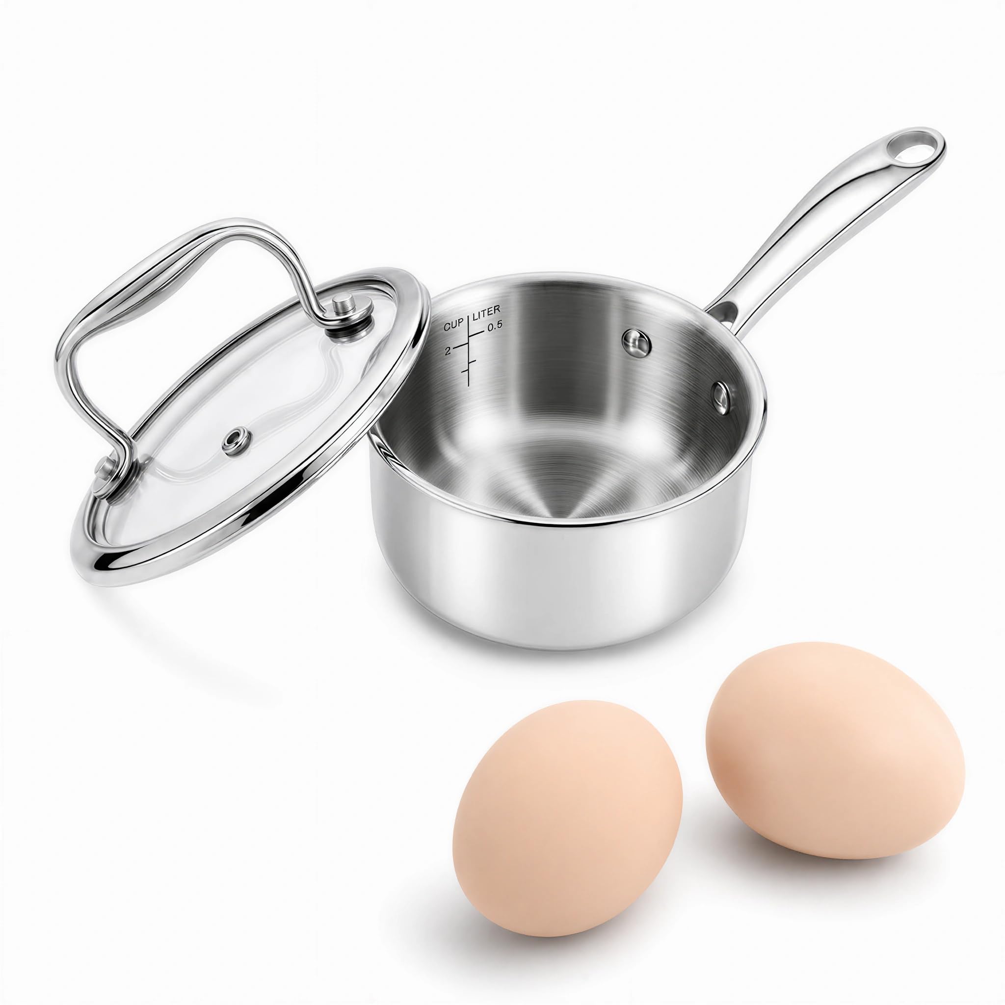 KCEmier Mini Sauce Pan with Lid, TriPly Stainless Steel Pot with StayCool Handle & All Cooktop Compatibility (Gas, Ceramic, E