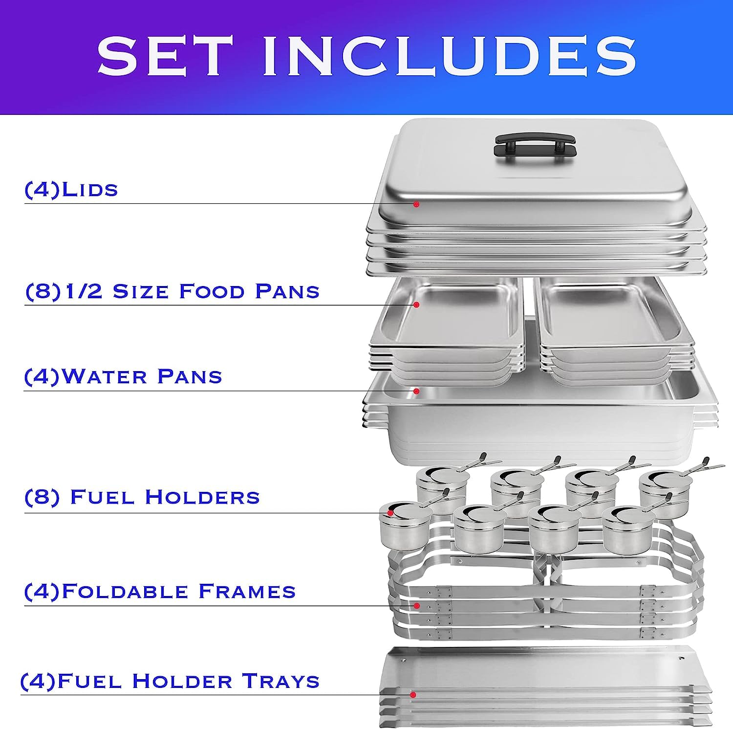 Ehomea2Z Chafing Dish Buffet Set (4 Pack) Chafers 8Qt Buffet Servers And Warmers, Chaffing Servers With Covers, Catering, Chafer