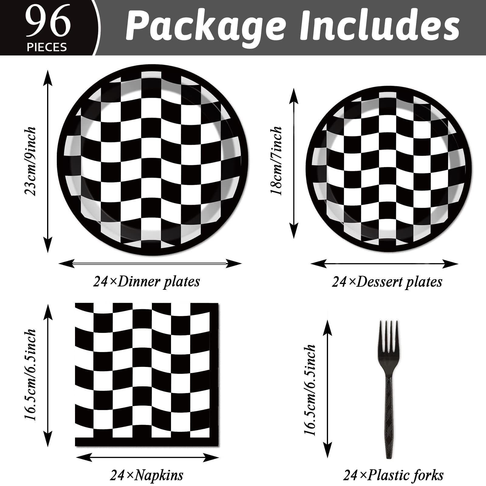 96 Pieces Black And White Checkered Tableware Set For Race Sports Themed Table Supplies Decorations Racing Car Dessert Plates Ra