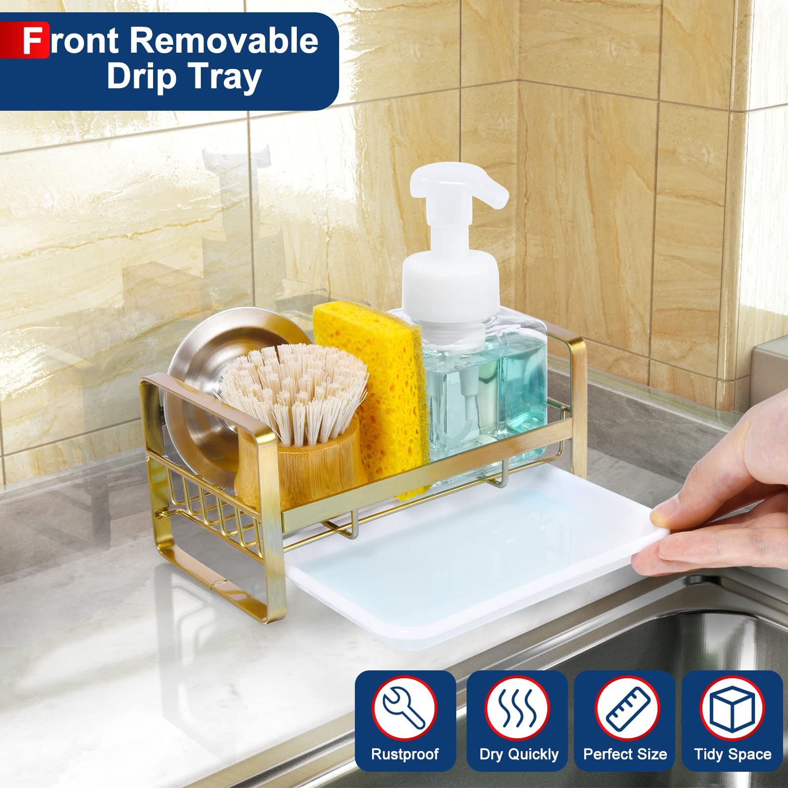 Hulisen Kitchen Sink Sponge Holder, 304 Stainless Steel Kitchen Soap Dispenser Organizer, Countertop Drainer With Removable Tray