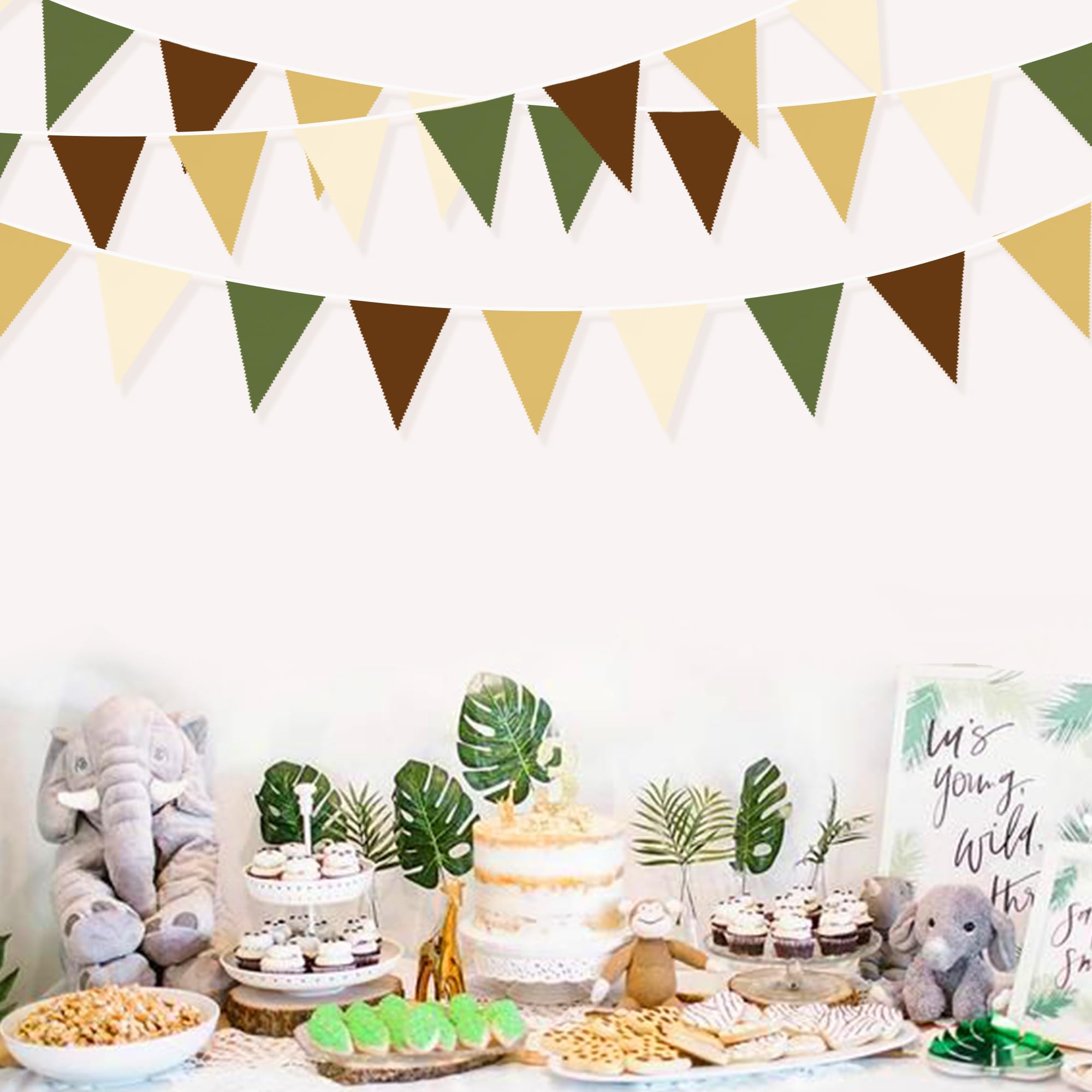 32Ft Woodland Party Decorations Olive Green Tan Brown Cream Neutral Triangle Flag Fabric Banner Pennant Bunting Garland Streamer