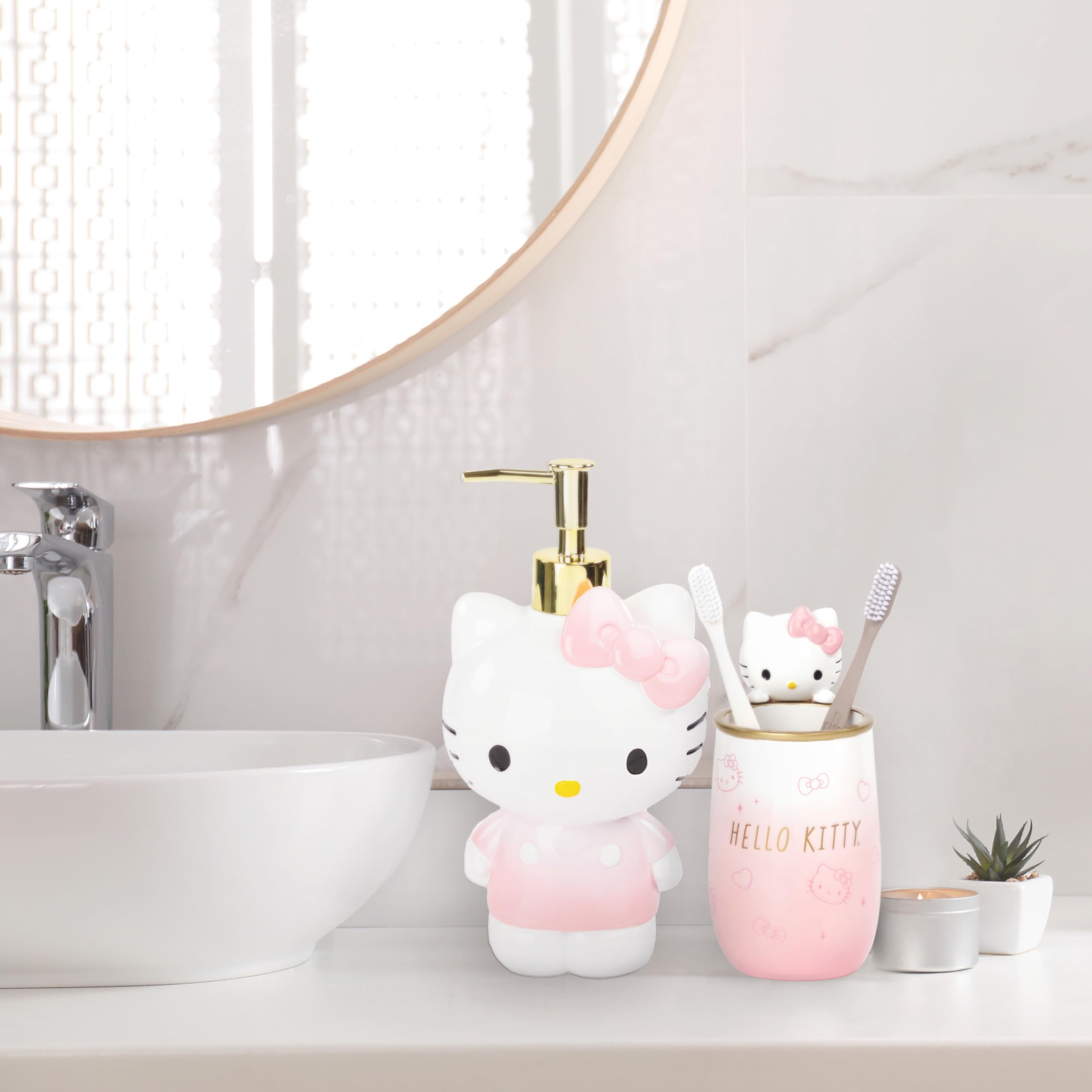 Hello Kitty Tumbler And Soap Dispenser Set - 2 Piece Pink Collection Includes Resin Lotion Pump And Tumbler Cup - Bathroom D  Co