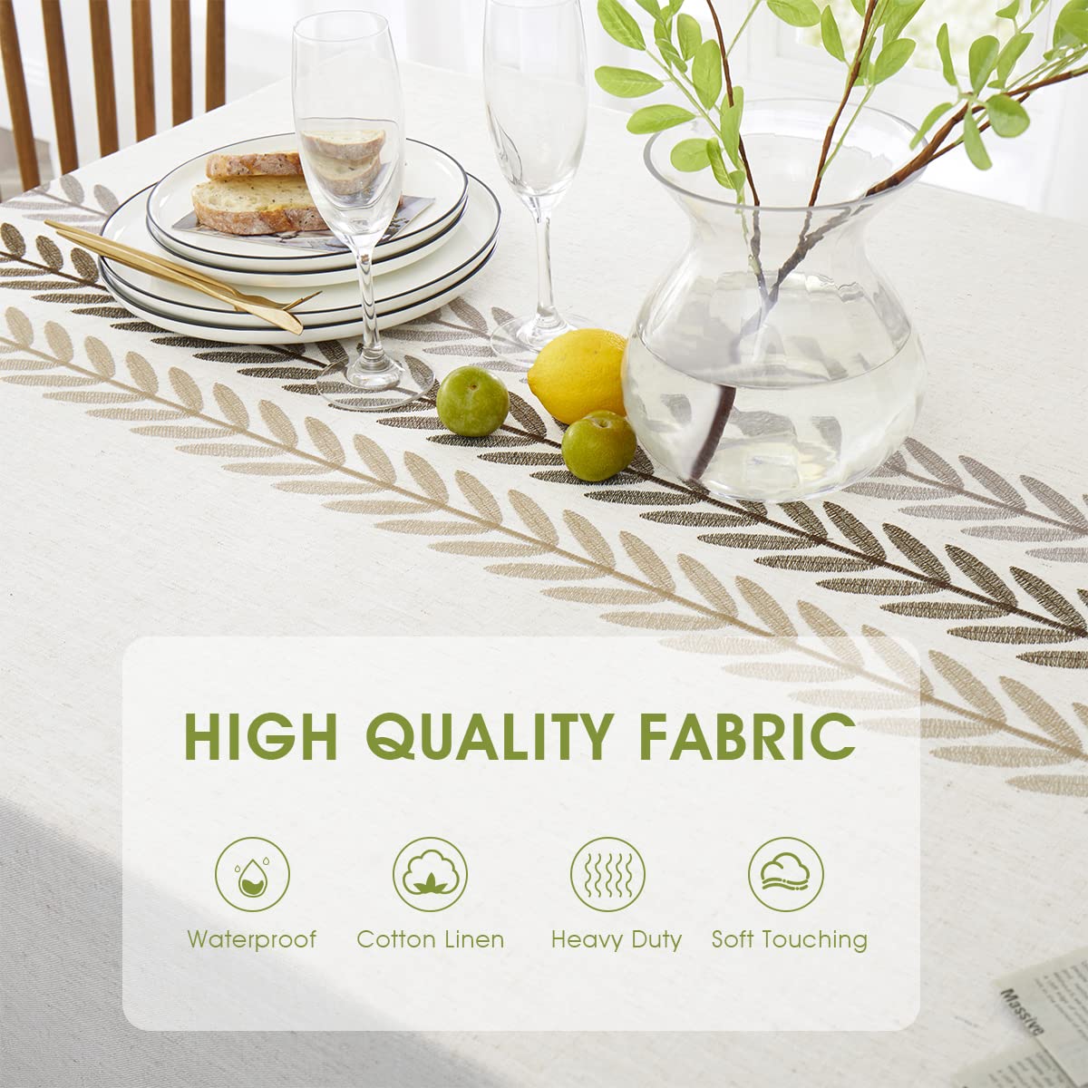 Qianquhui Embroidered Tablecloth For Dining Table,Dust Proof Spillproof Soil Resistant Cotton Linen Rectangle Table Cloths (Coff