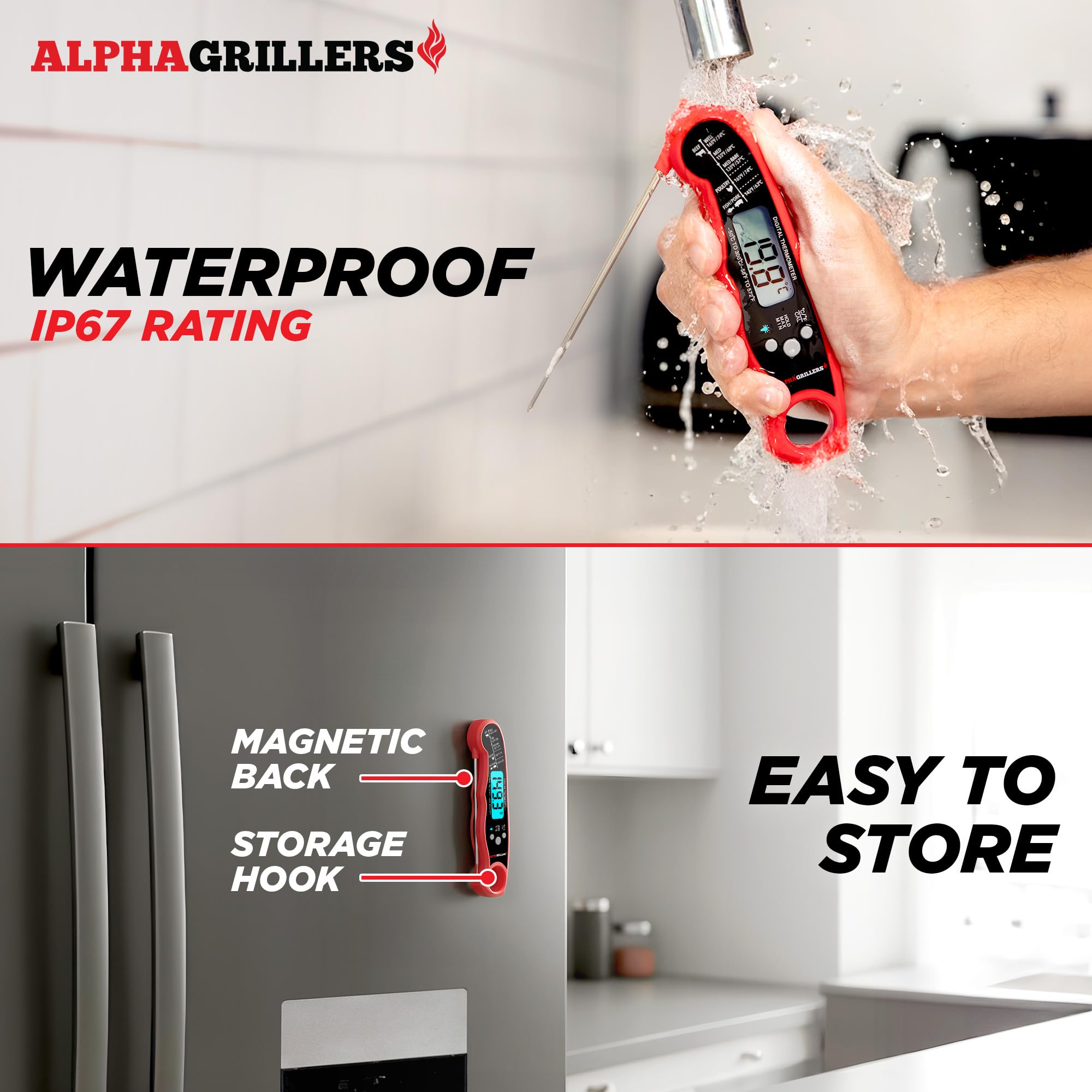 Alpha Grillers Instant Read Digital Meat Thermometer - Black/Red, BBQ Cooking Probe, Ideal for Grilling and Air Frying, Model 296249729076