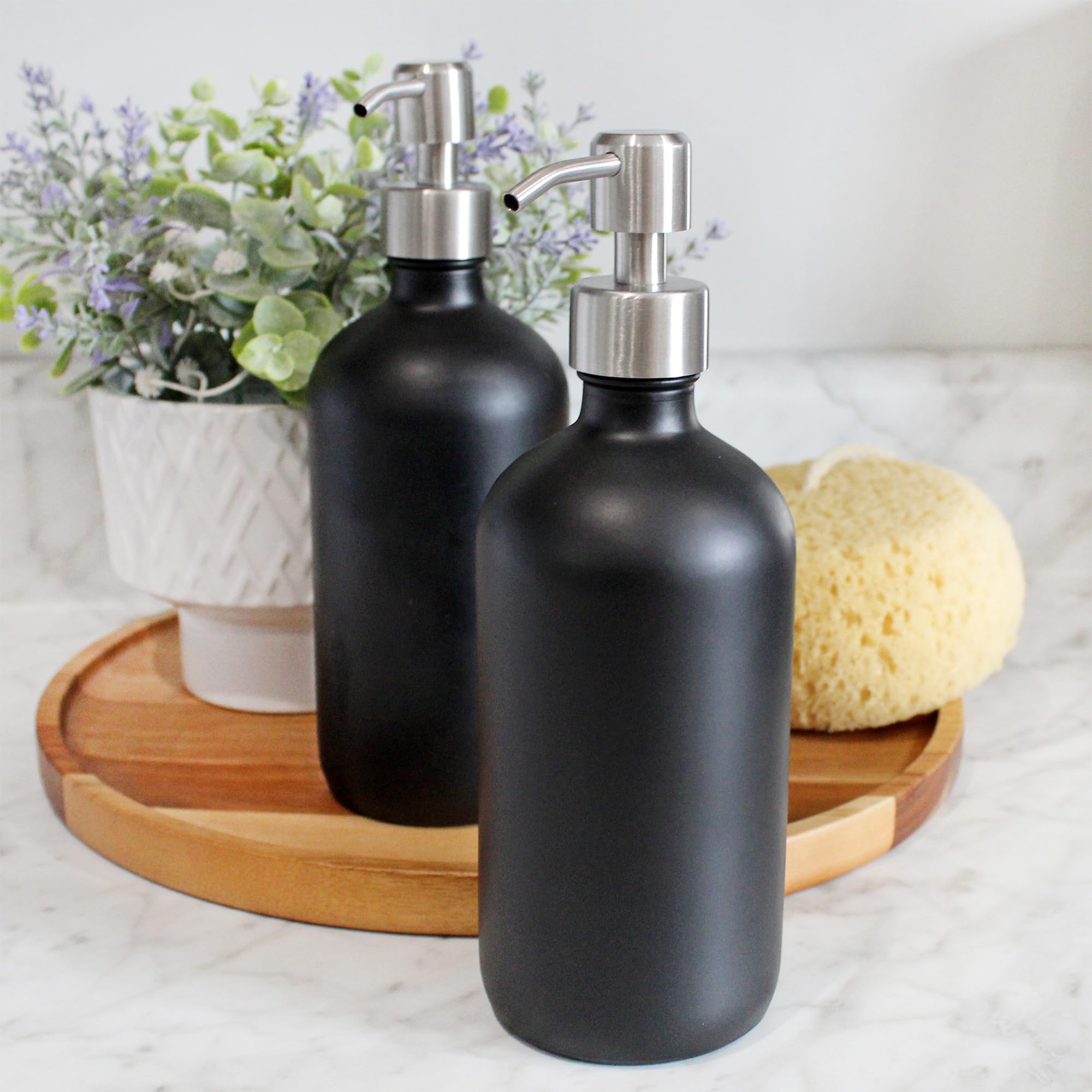 16Oz Black Glass Bottles W/Stainless Steel Pumps (2-Pack); Black Coated Boston Round; Lotion, Hand Care & Soap Dispensers