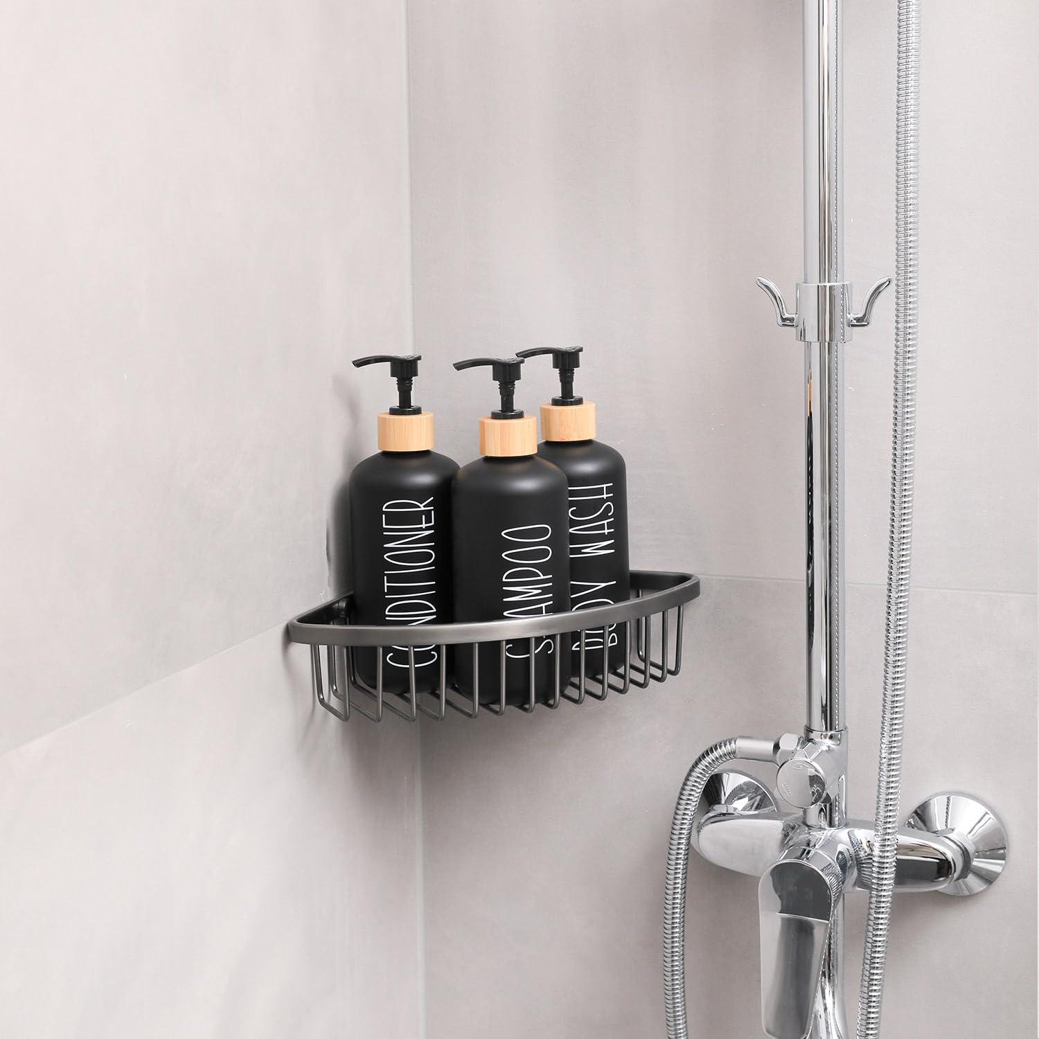 Momeemo Black Shower Soap Dispenser Set, Contains 3 Extra-Thick Pet Plastic Bottles With Bamboo Pumps, Shampoo Bottles Refillabl
