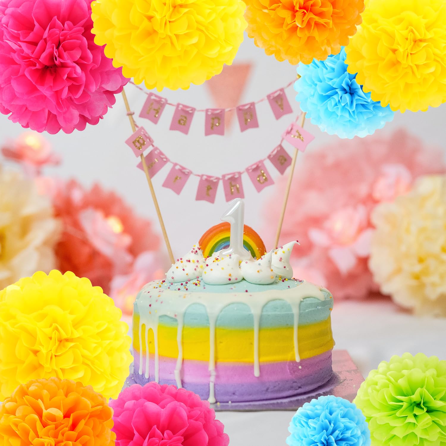 Sookoo 15 Pcs Paper Pom Poms In 14 Inch, 12 Inch, 10 Inch Assorted Rainbow Colors Paper Flowers Balls For Birthday Wedding Party