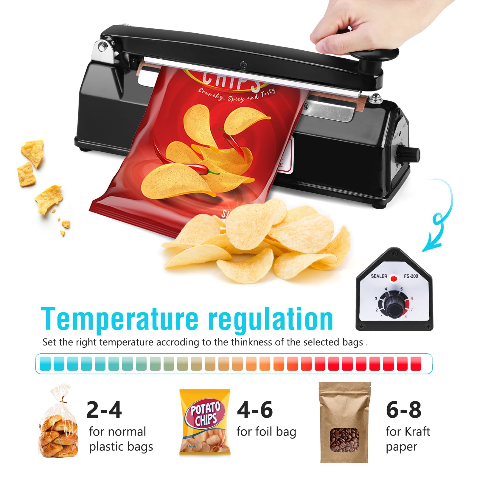 METRONIC 8 inch Bag Sealer  Black Impulse Heat Sealer for Plastic Bags  Poly Bag Sealing Machine with Repair Kit. Clean  Crisp and Fast Sealing Machine