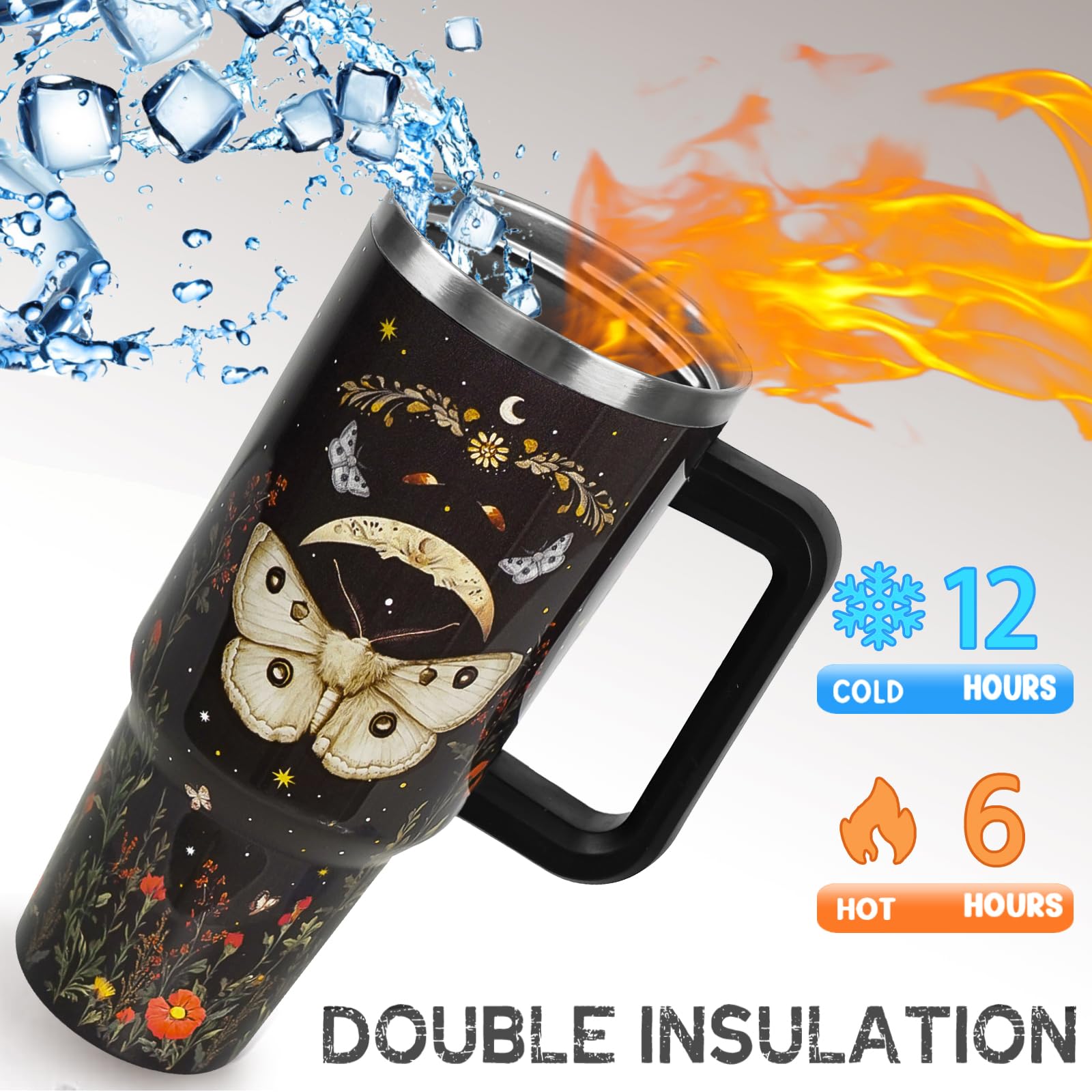 Nqhsionv Gothic Tumbler with Handle and Straw 40 oz Goth Moth Flowers Cup Coffee Travel Mug Stainless Steel Insulated Water Bott