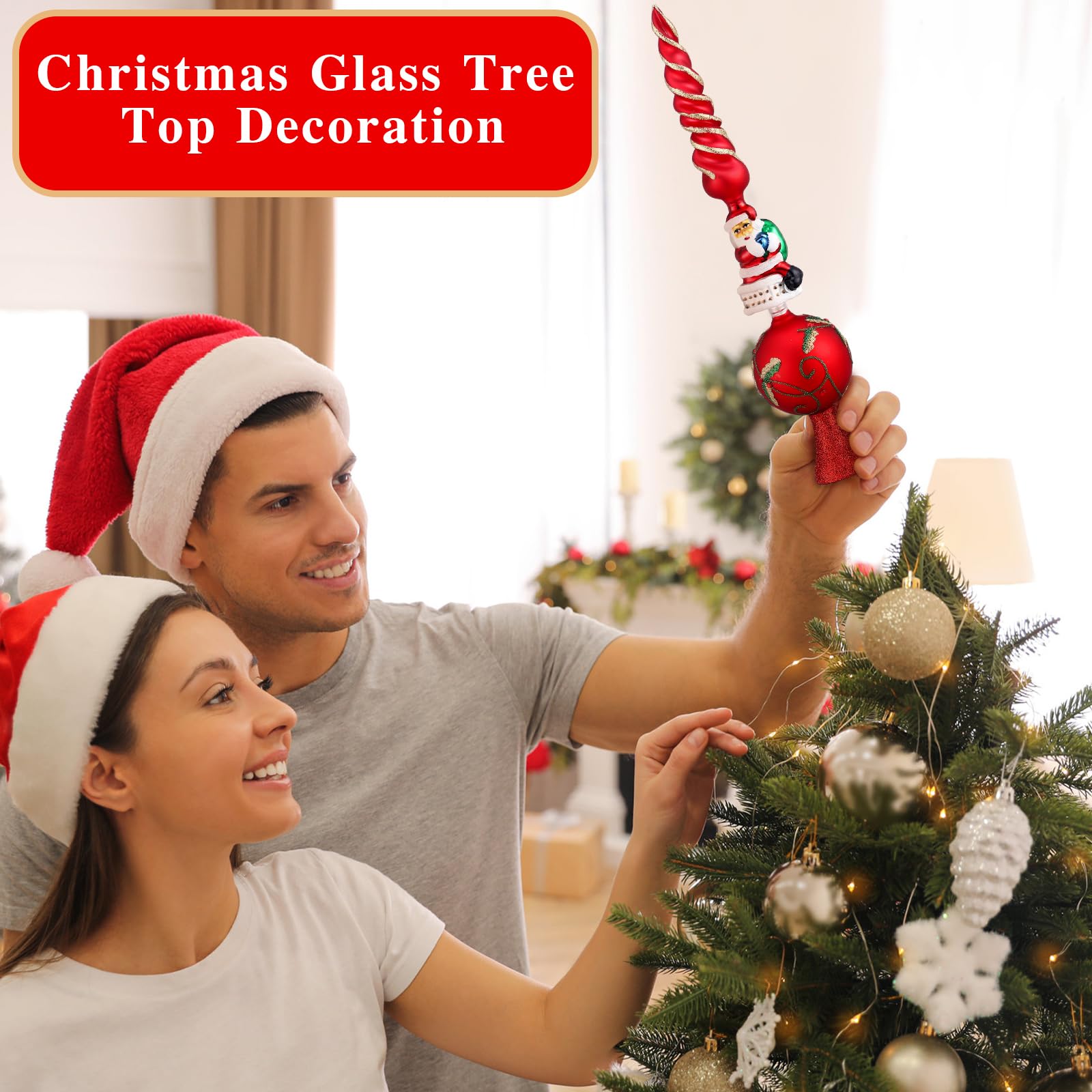 Sosation Glass Santa Claus Design Treetop 3 Tier Retro Glass Finial Tree Topper Vintage Spherical Christmas Tree Toppers Ornamen