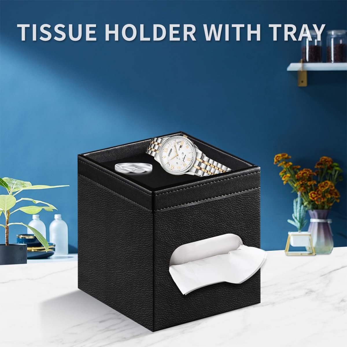 Yapishi Tissue Box Cover Square, Pu Leather Tissue Cube Box Holder With Storage Valet Tray, Decorative Tissue Holders, Modern Ti
