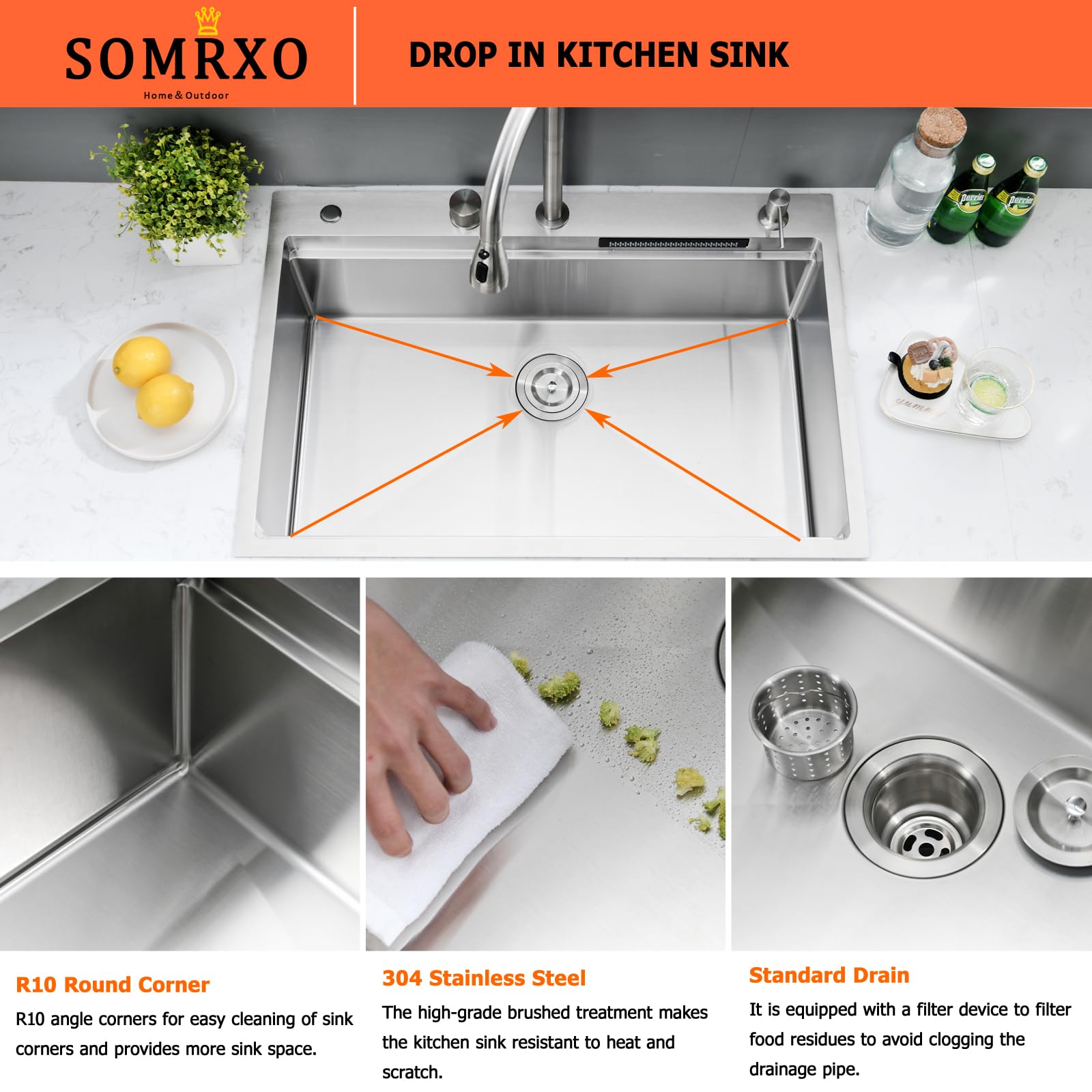 33X22 Drop In Waterfall Kitchen Sink Workstation-Somrxo Waterfall Kitchen Sink 33X22 Drop In Kitchen Sink With Waterfall Stainle