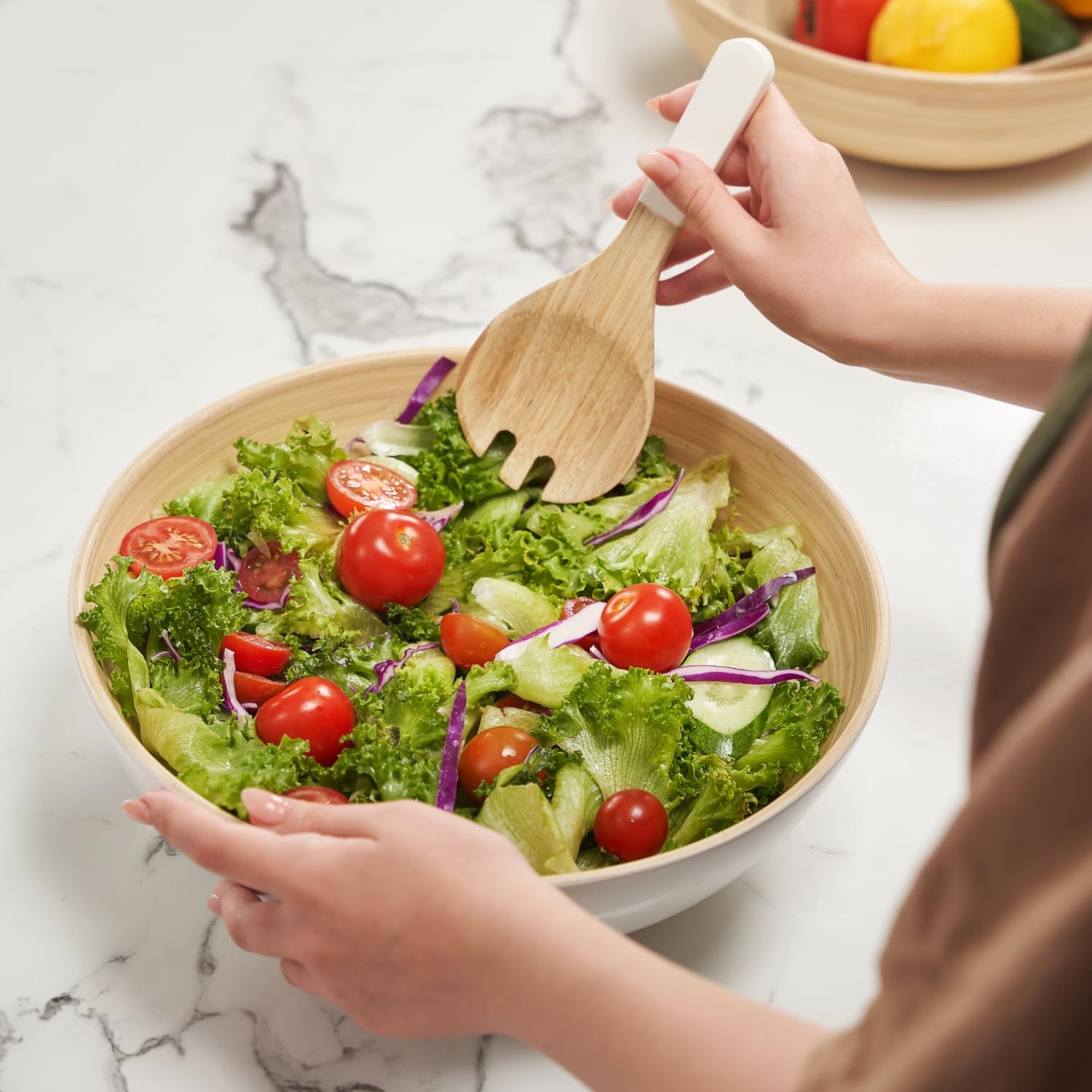 Lexa 12'' Handmade White Bamboo Wooden Salad Bowl - 130Oz Lightweight Large Wooden Bowls For Food - Bamboo Wooden Fruit Bowl For