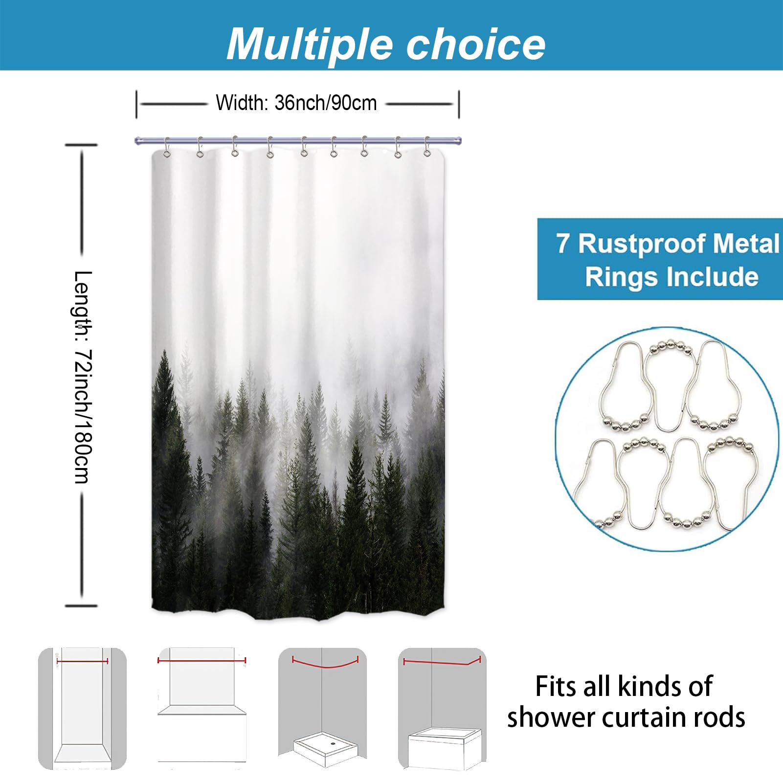 Ortigia Misty Forest Shower Curtains Small Half Size 36'' Wx72 L,Nature Woodland Shower Curtain, Secnic Fantasy Fog Magic Tree B