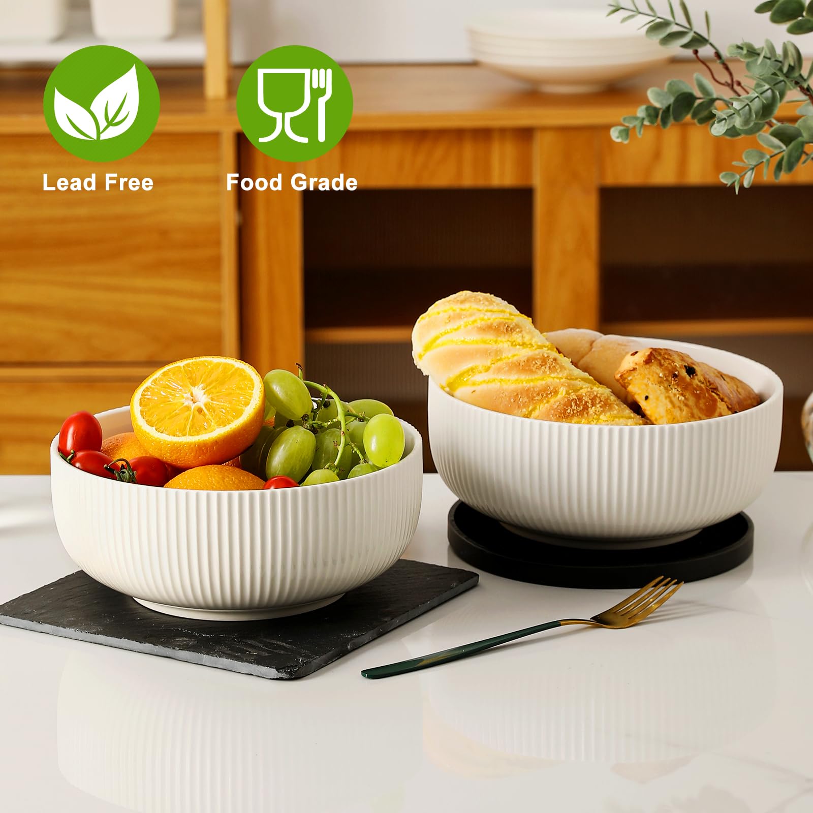 Kmigruan 60Oz Salad Bowl Set,2 Pack Serving Bowls For Entertaining,8Inch Large White Ceramic Bowl For Side Dishes,Soup, Pho, Cer