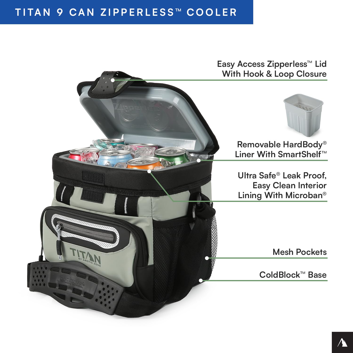 Titan by Arctic Zone 9 Can Zipperless Soft Cooler with HardBody Liner, Seagrass