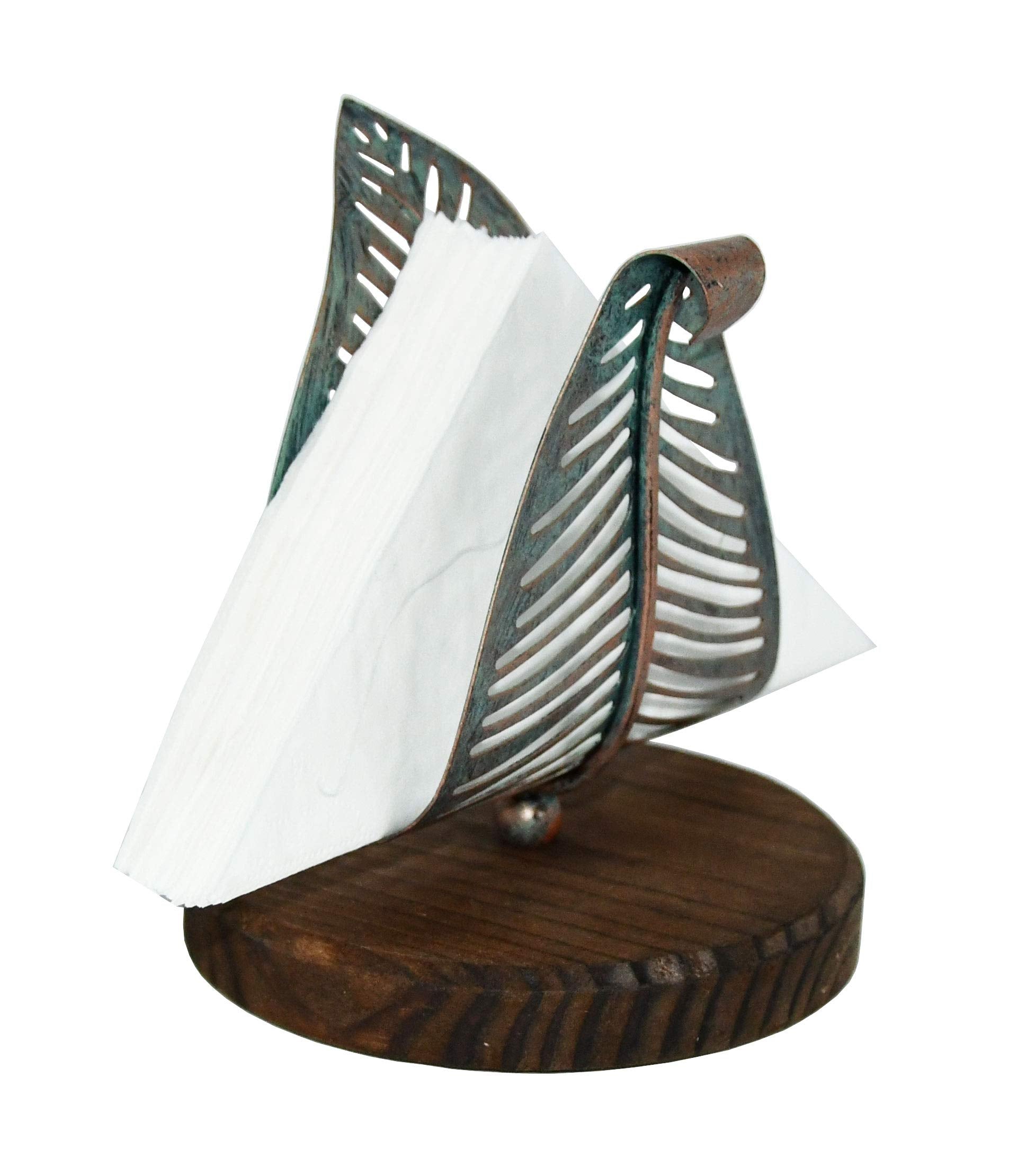 OwlGift Freestanding Modern Napkin Holder w/Golden Turquoise Metal Leaf & Brown Wooden Base Design  Tabletop Tissue Dispenser  Napkin Storage Organizer