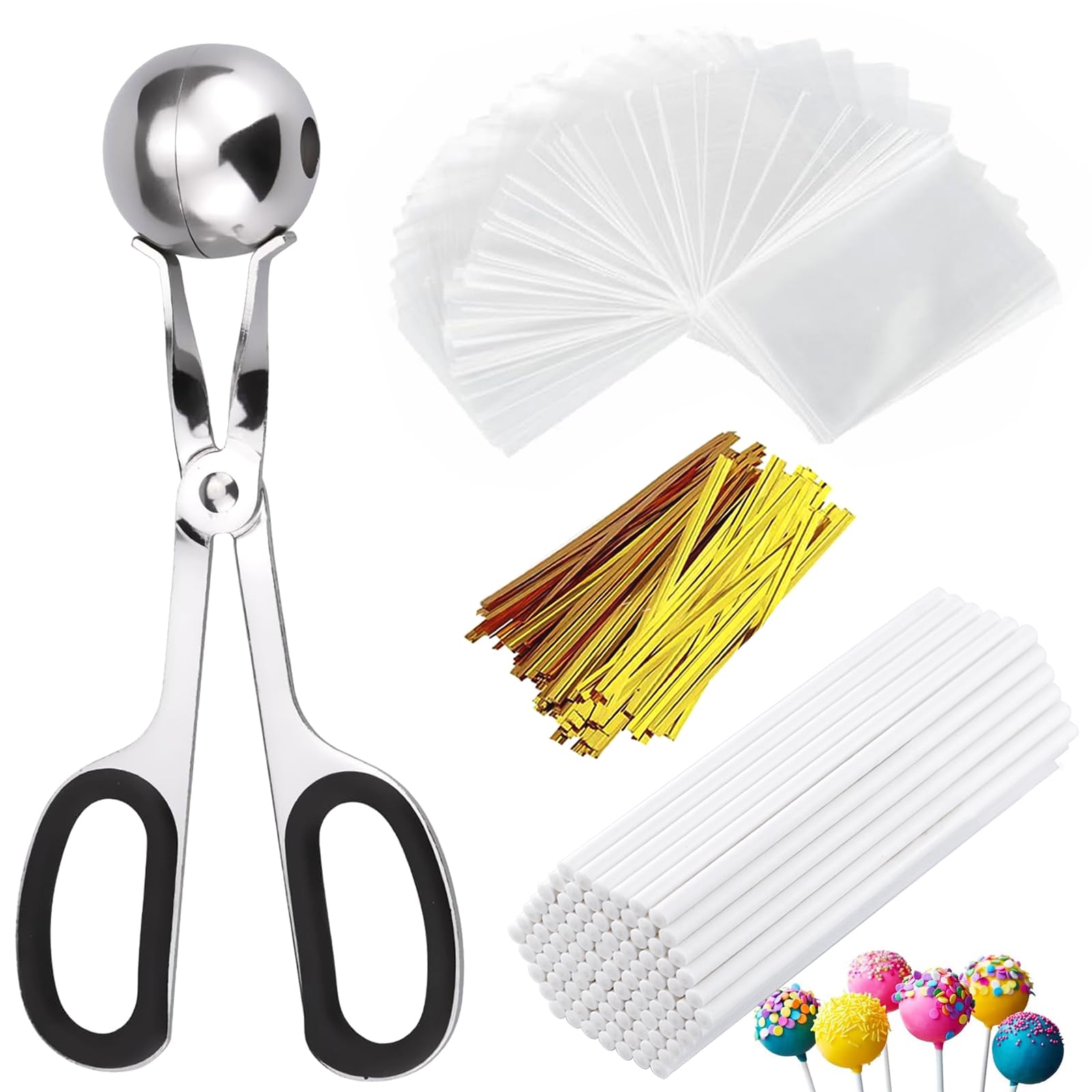 Lollipop Cake Pop Treat Bag Kit, Including 100Pcs Cake Pop Sticks, 100Pcs Parcel Bags, 100Pcs Twist Ties And 1 Cake Pop Mold, Ca