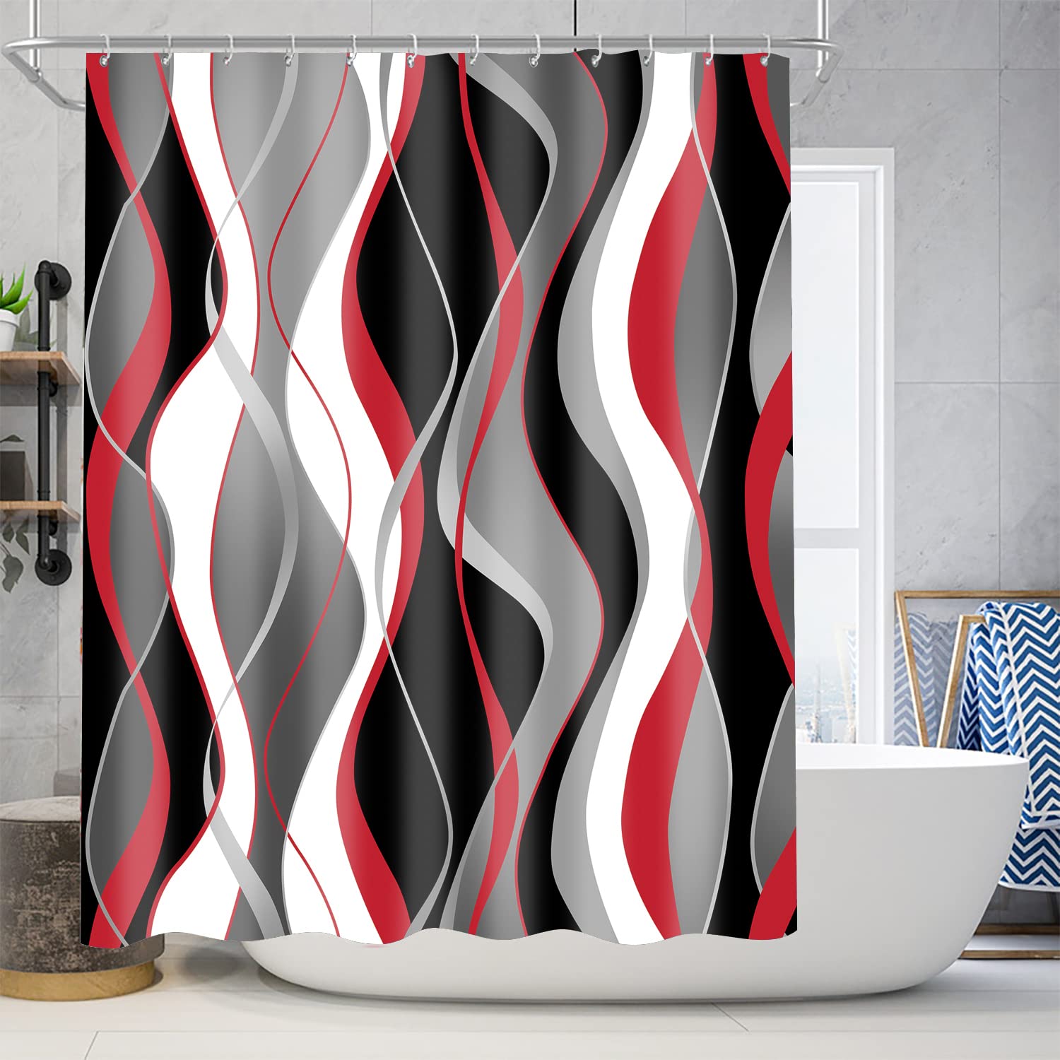 Nkzply 4 Pcs Red And Black Striped Shower Curtain Set Grey And White Bathroom Sets With Shower Curtain And Rugs Red Modern Home