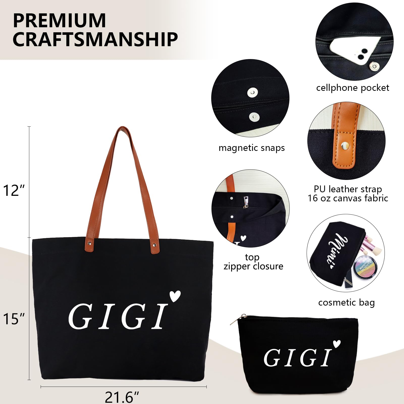 Lamyba Gigi Gifts For Grandma, Christmas Gifts For Gigi, Grandma Gifts, Gigi Tote Bag With Gigi Makeup Bag, Black