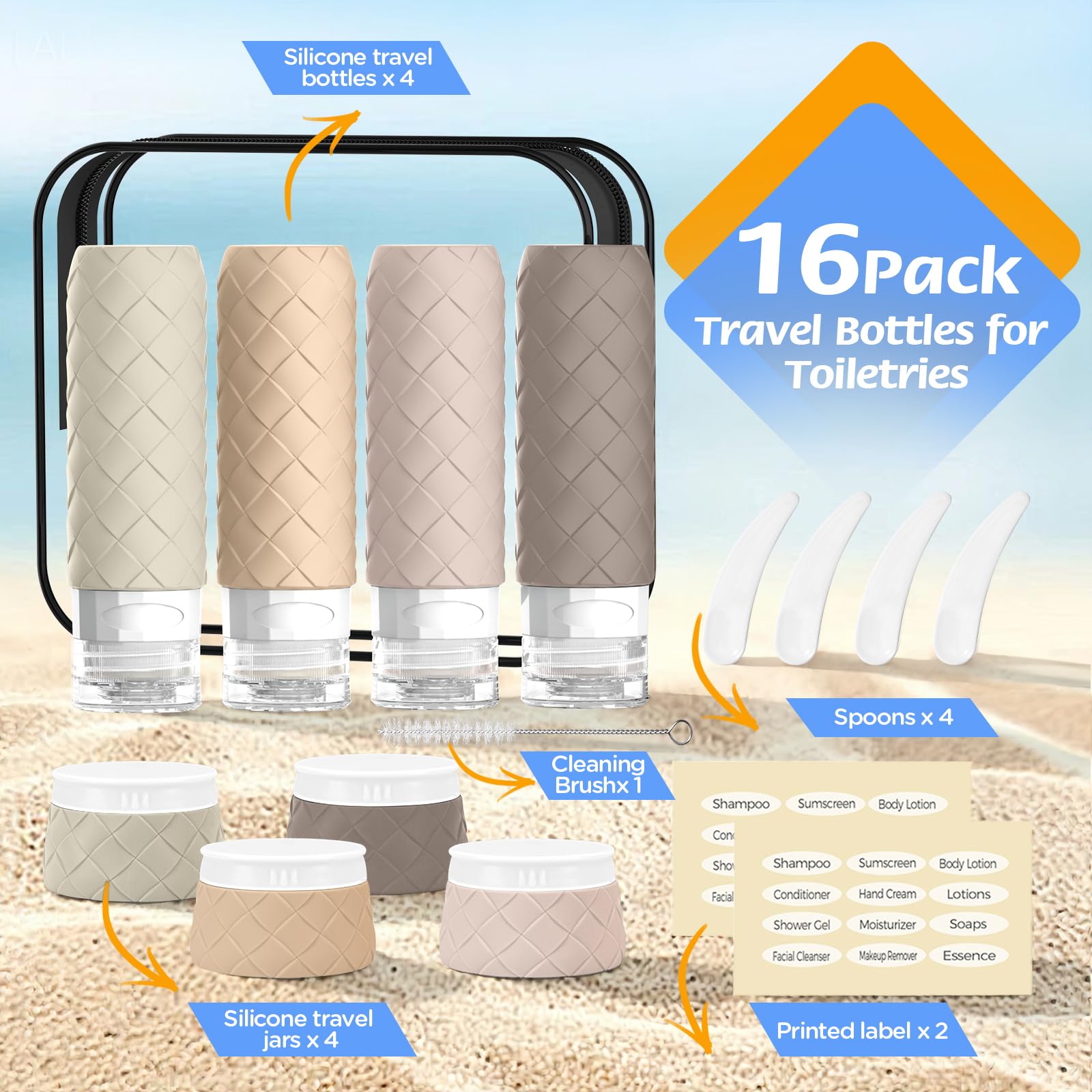 16 Pack Travel Bottles for Toiletries, TSA Approved Travel Size Toiletries Containers Set, BPA-Free Silicone Leak Proof Refillab