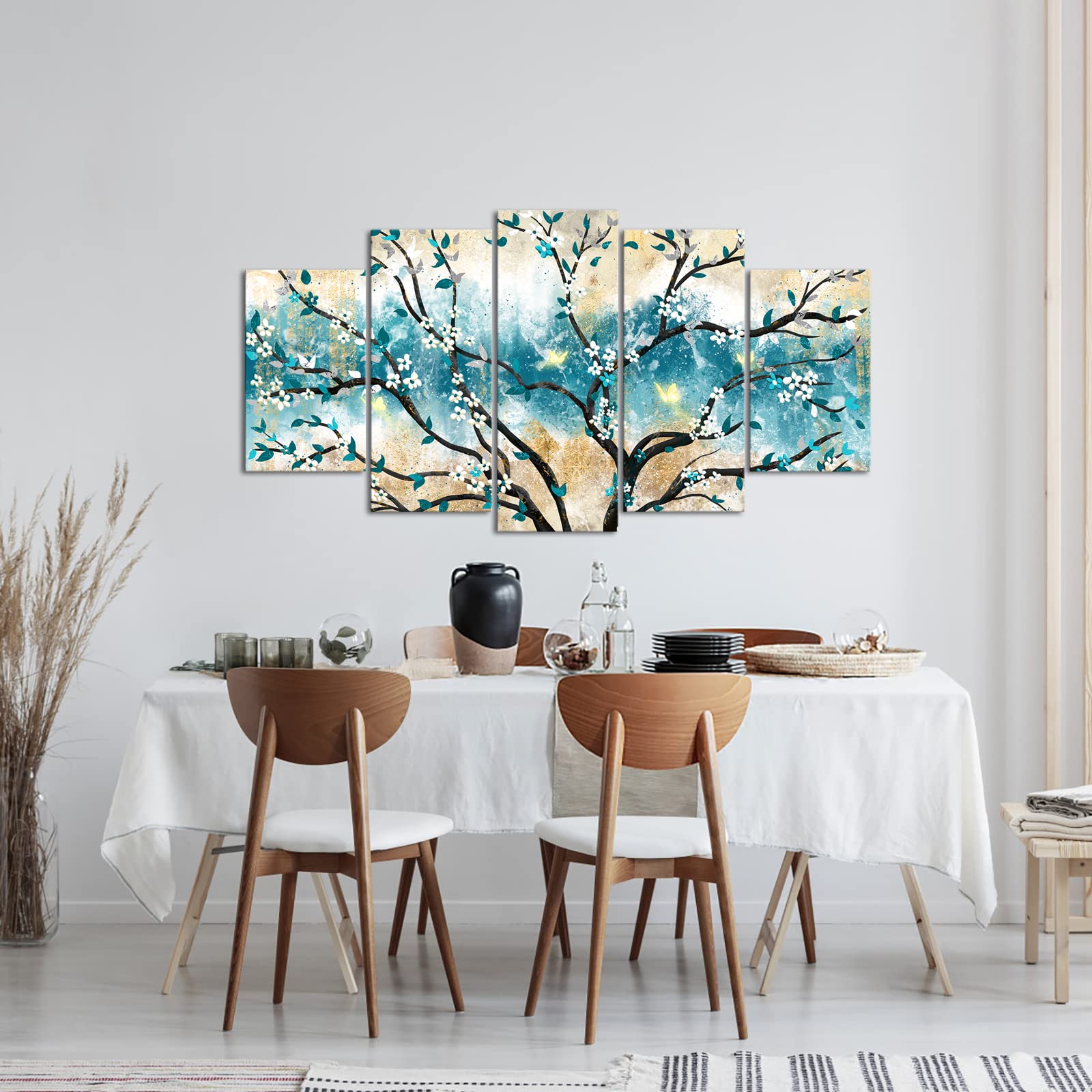 iKNOW FOTO Huge 5 Panel Canvas Print Blue Leaf with Yellow Butterfly White Rose Canvas Art Painting Teal Abstract Wall Art Flower Picture on Canvas Contemporary Artwork 60x32inch