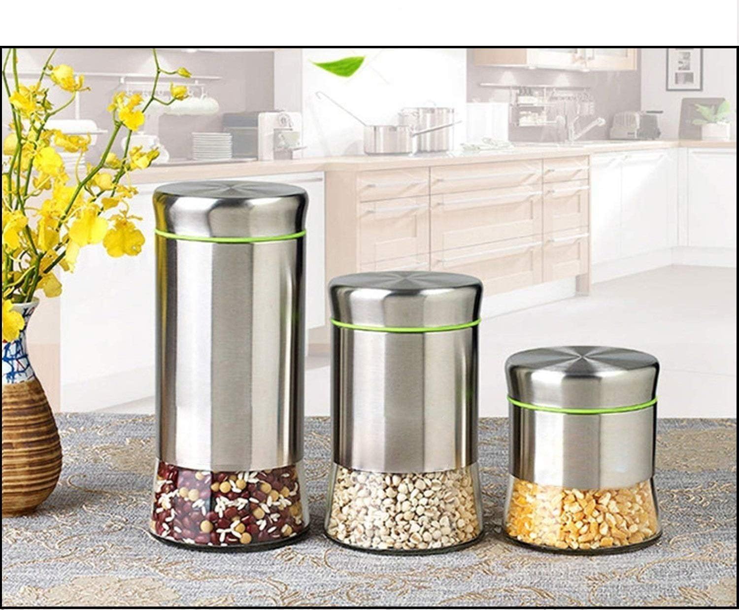 Harva Steel Lid Glass Spice Jar Set Of 3, Airtight Clear Glass Containers For Tea, Coffee, Sugar & Spices, Multipurpose Kitchen 