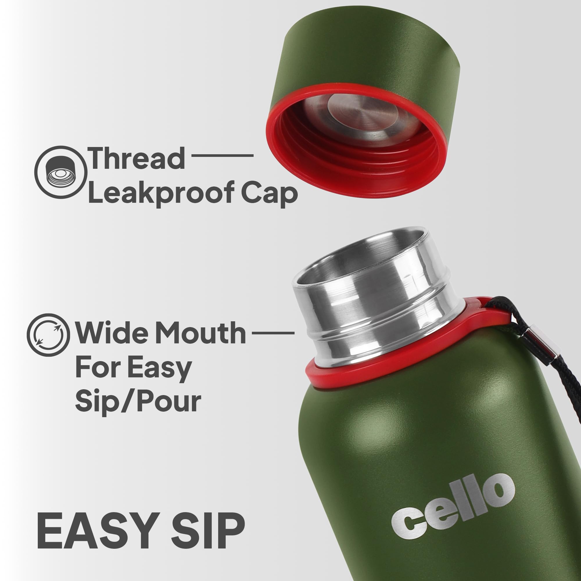 Cello Duro Kent Thermosteel Flask with DTP Coating, 900ml, Military Green | 24 Hours Hot and Cold Stainless Steel Bottle | Flask