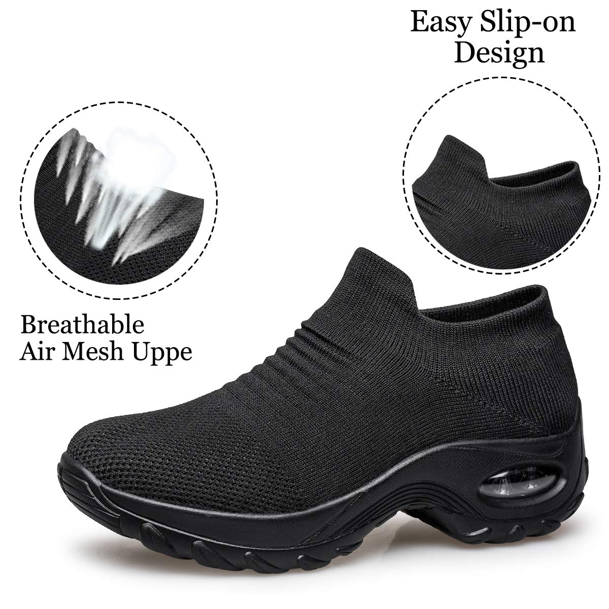 Yhoon Womens Walking Shoes - Sock Sneakers Slip On Mesh Platform Air Cushion Athletic Shoes Work Nurse Comfortable Black 9