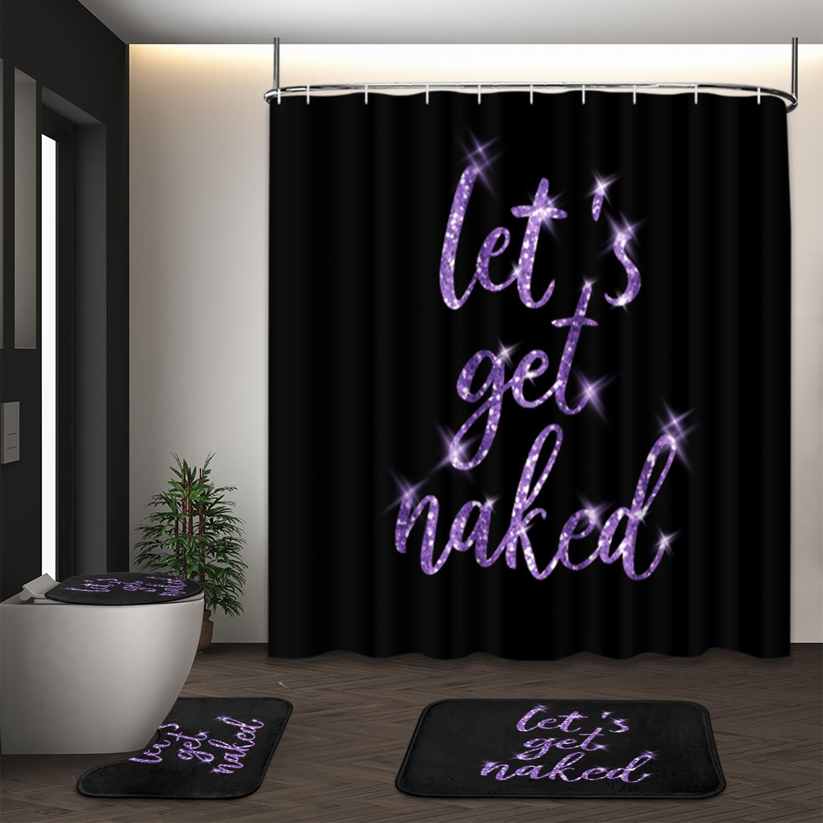 Artsocket 4Pc Purple Let'S Get Naked Shower Curtain Sets Gold And Black Bathroom Decor With Rugs, Non-Slip Rug,Toilet Lid Cover,